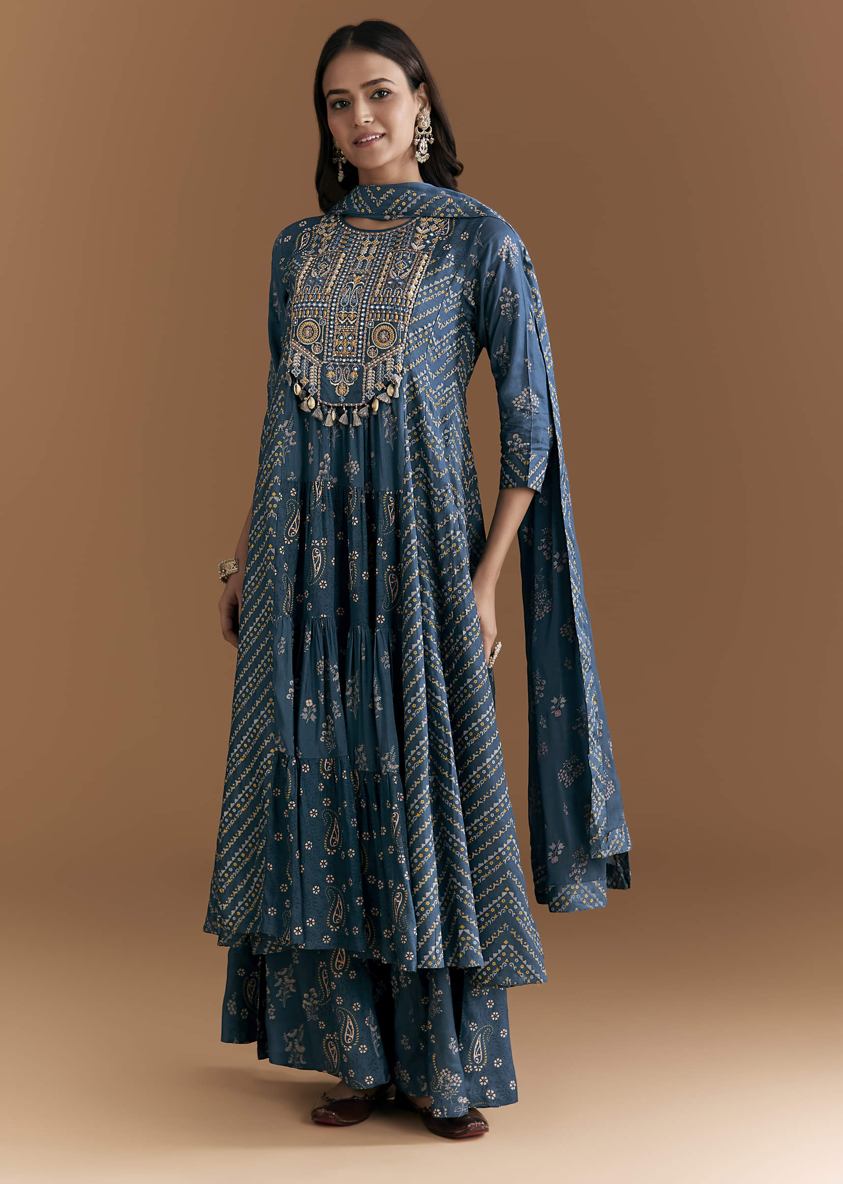 Blue Cotton Embroidered Anarkali Suit With Floral And Paisley Print - Image 3