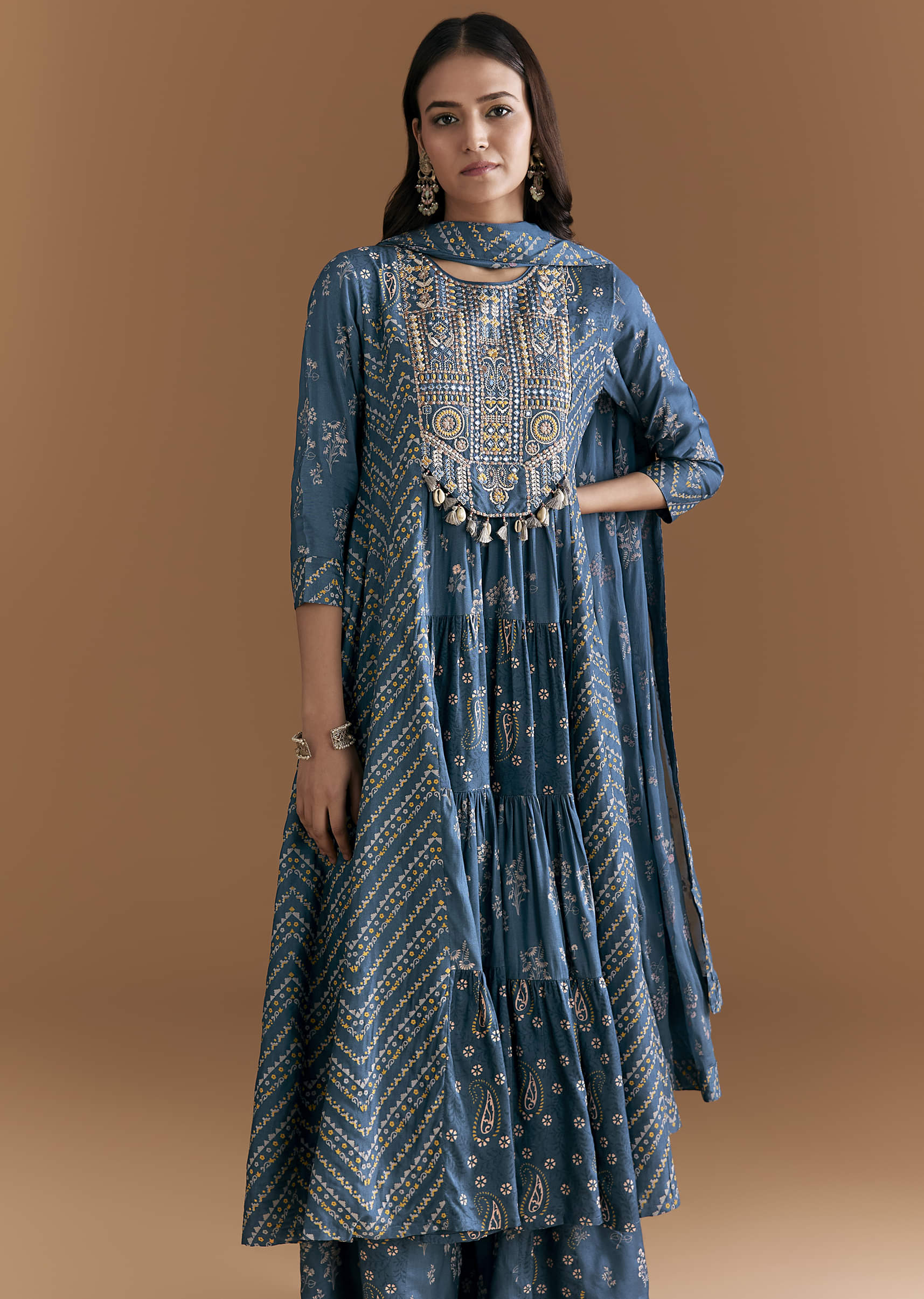 Blue Cotton Embroidered Anarkali Suit With Floral And Paisley Print - Image 4