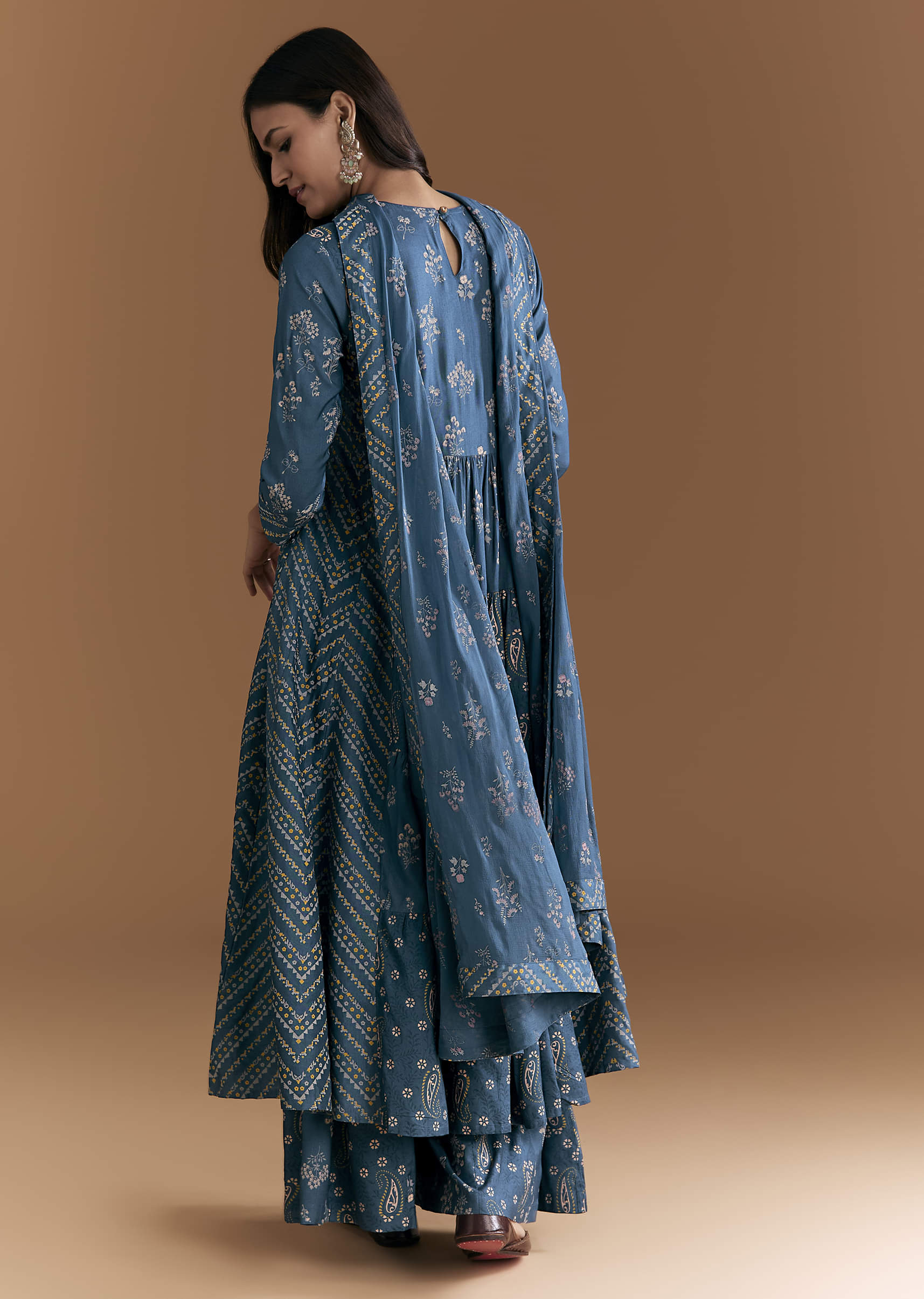 Blue Cotton Embroidered Anarkali Suit With Floral And Paisley Print - Image 5
