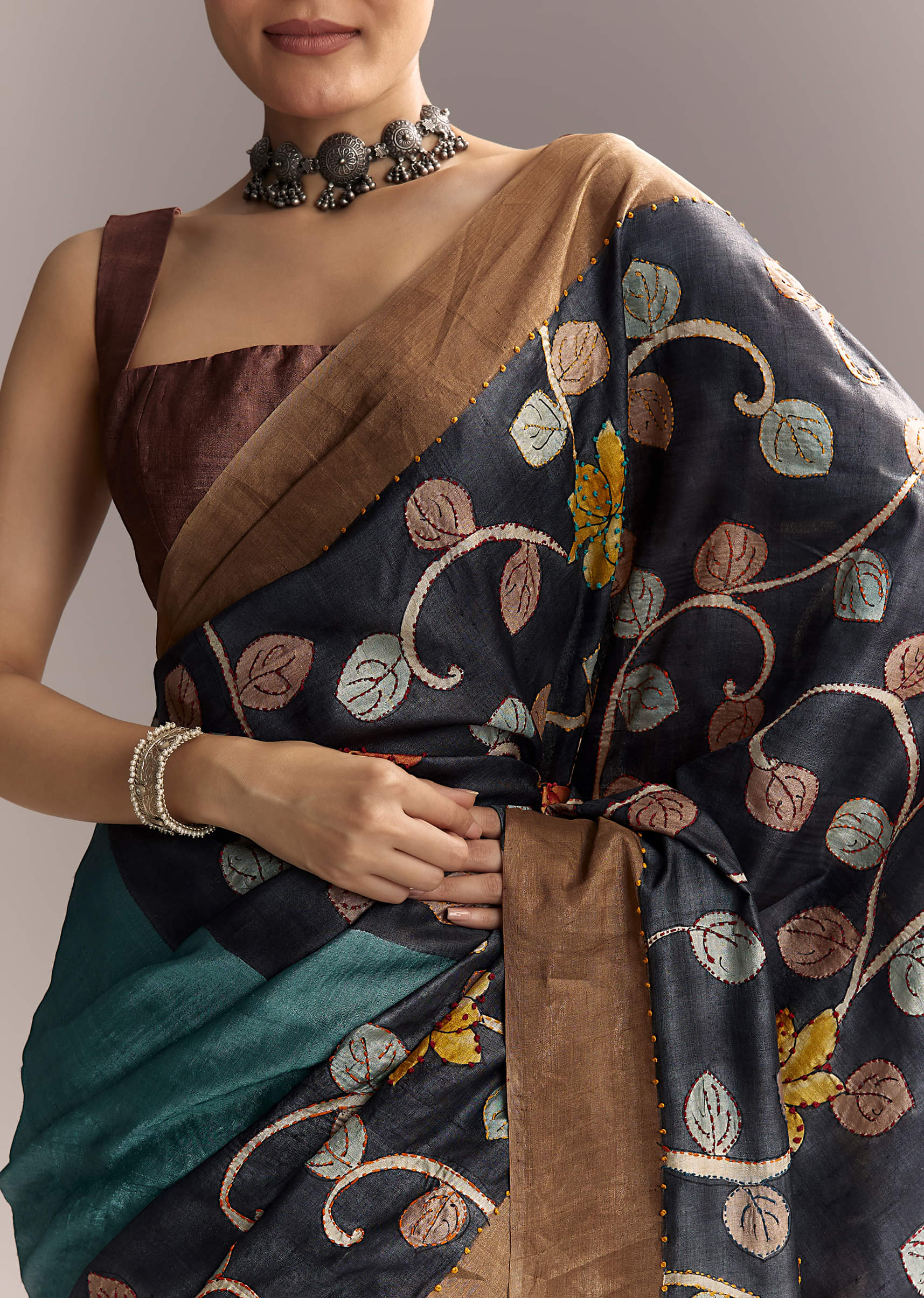Blue Cotton Hand Painted Saree With Floral Motifs And Brown Border - Image 2