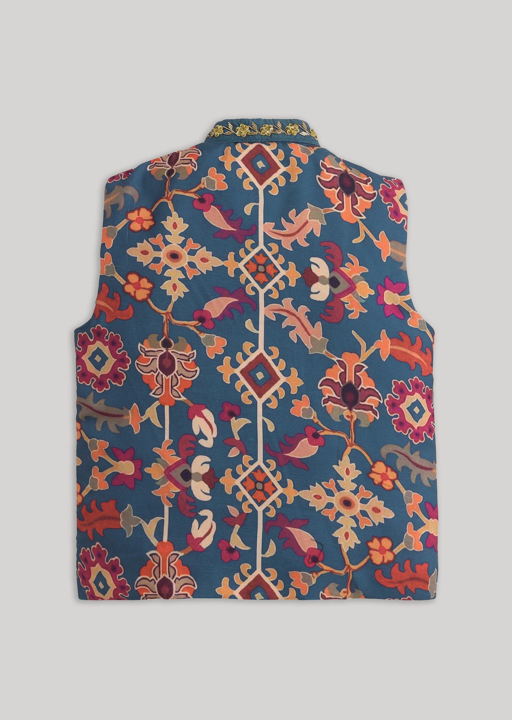 Blue Cotton Kurta Jacket Set With Floral Embroidered Nehru Jacket - Image 6