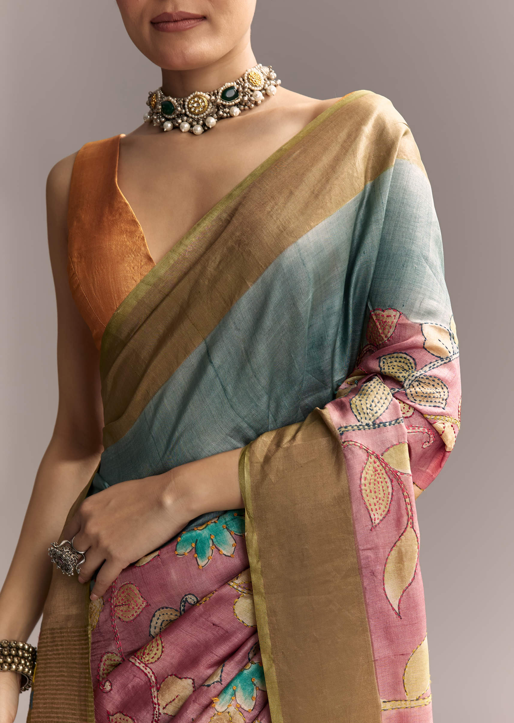 Blue Cotton Saree With Hand Painted Motifs And Brown Border - Image 2