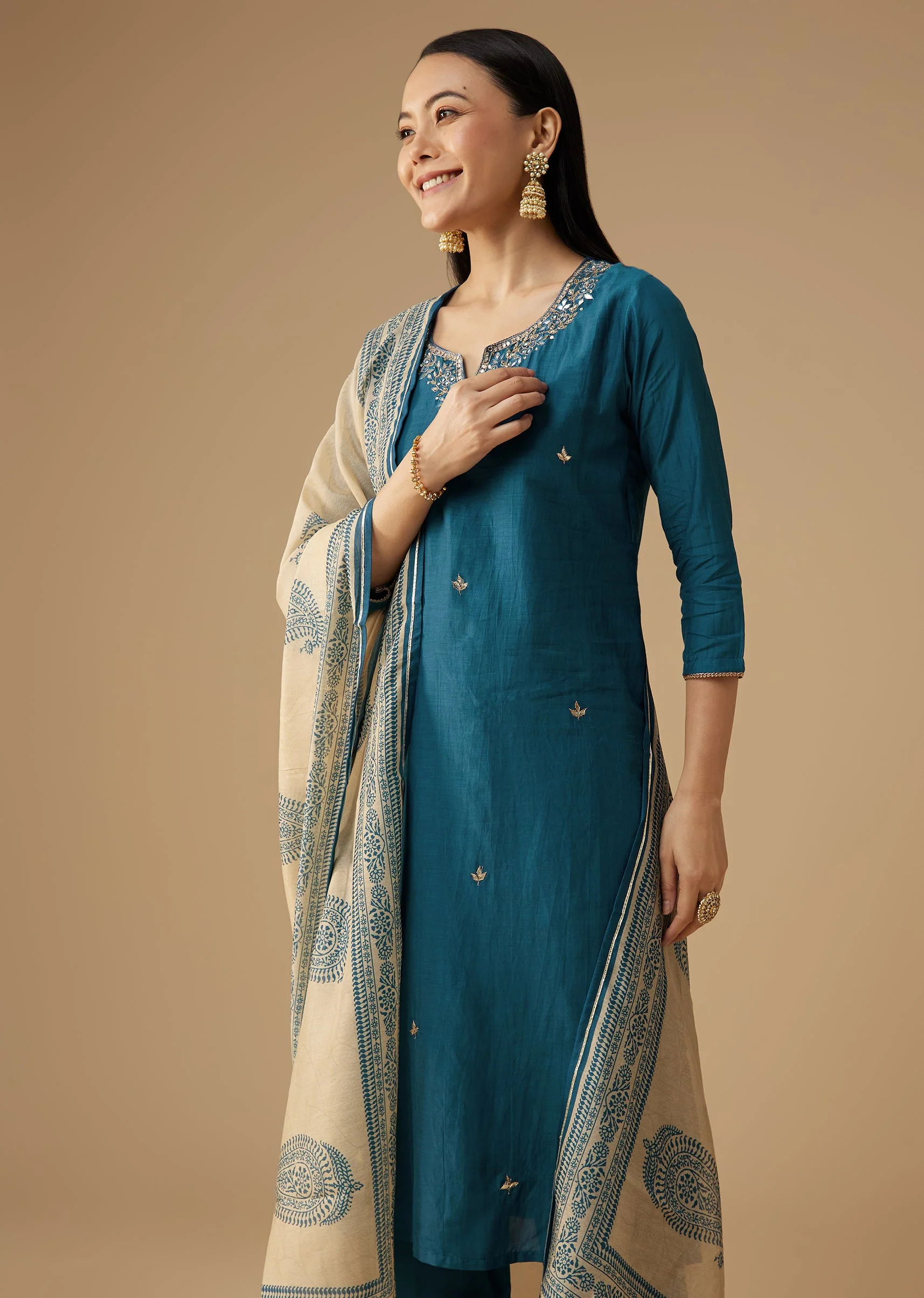 Blue Cotton Silk Gota Embroidered Kurta Set - Image 4