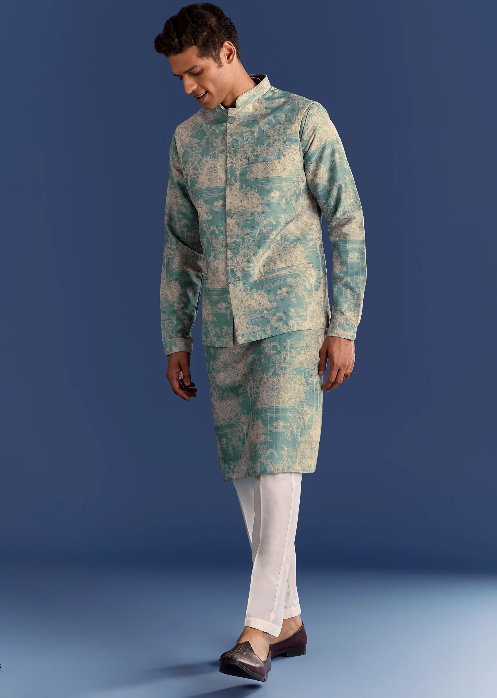Blue Cotton Silk Kurta Jacket Set With Coastal Print - Image 4