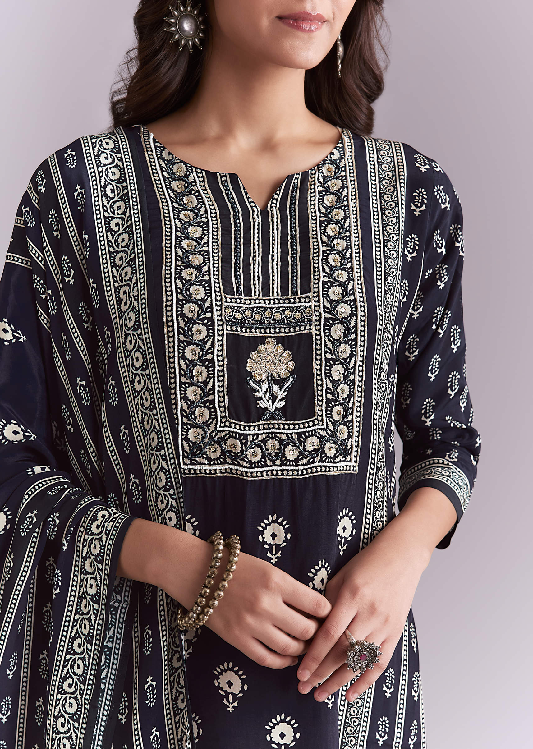 Blue Crepe Kurta Set With Indie Print And Moti Detail - Image 2