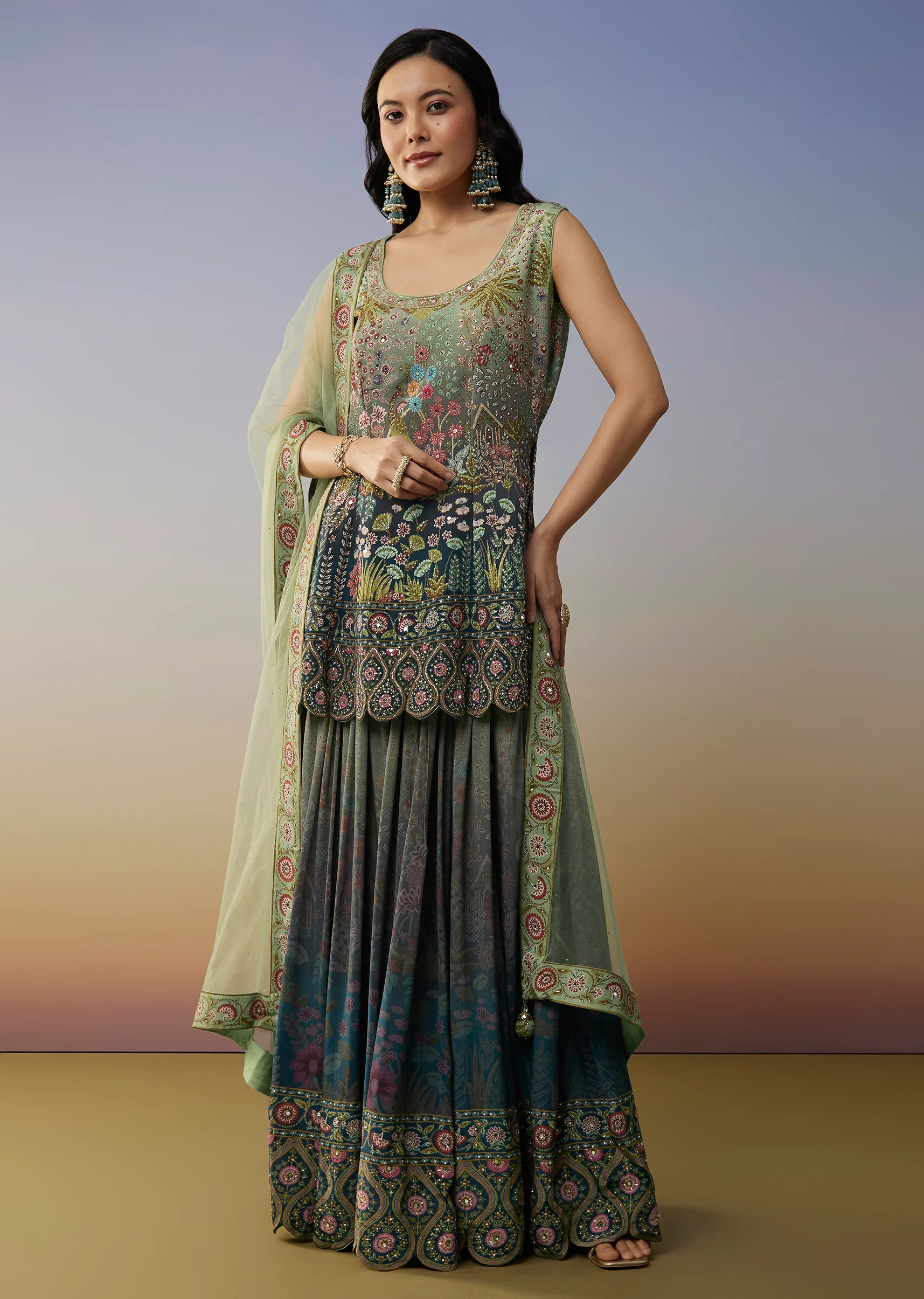 Blue Crepe Palazzo Suits with Ombre Printed Mirror Work