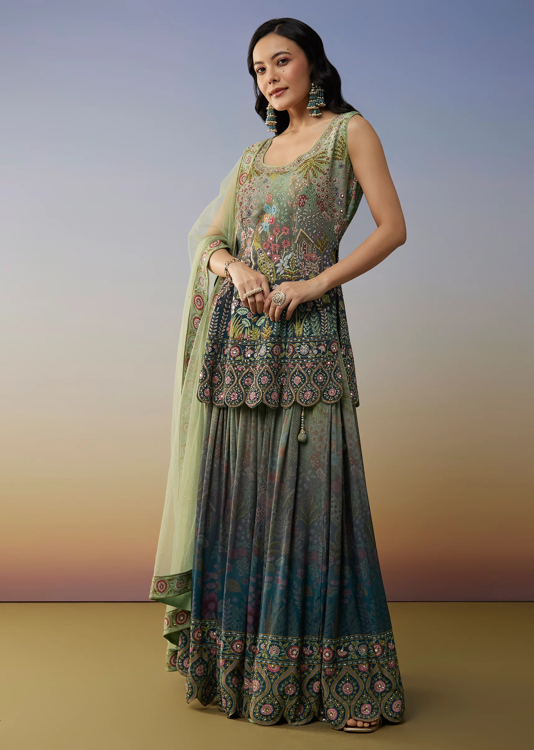 Blue Crepe Palazzo Suits with Ombre Printed Mirror Work - Image 3