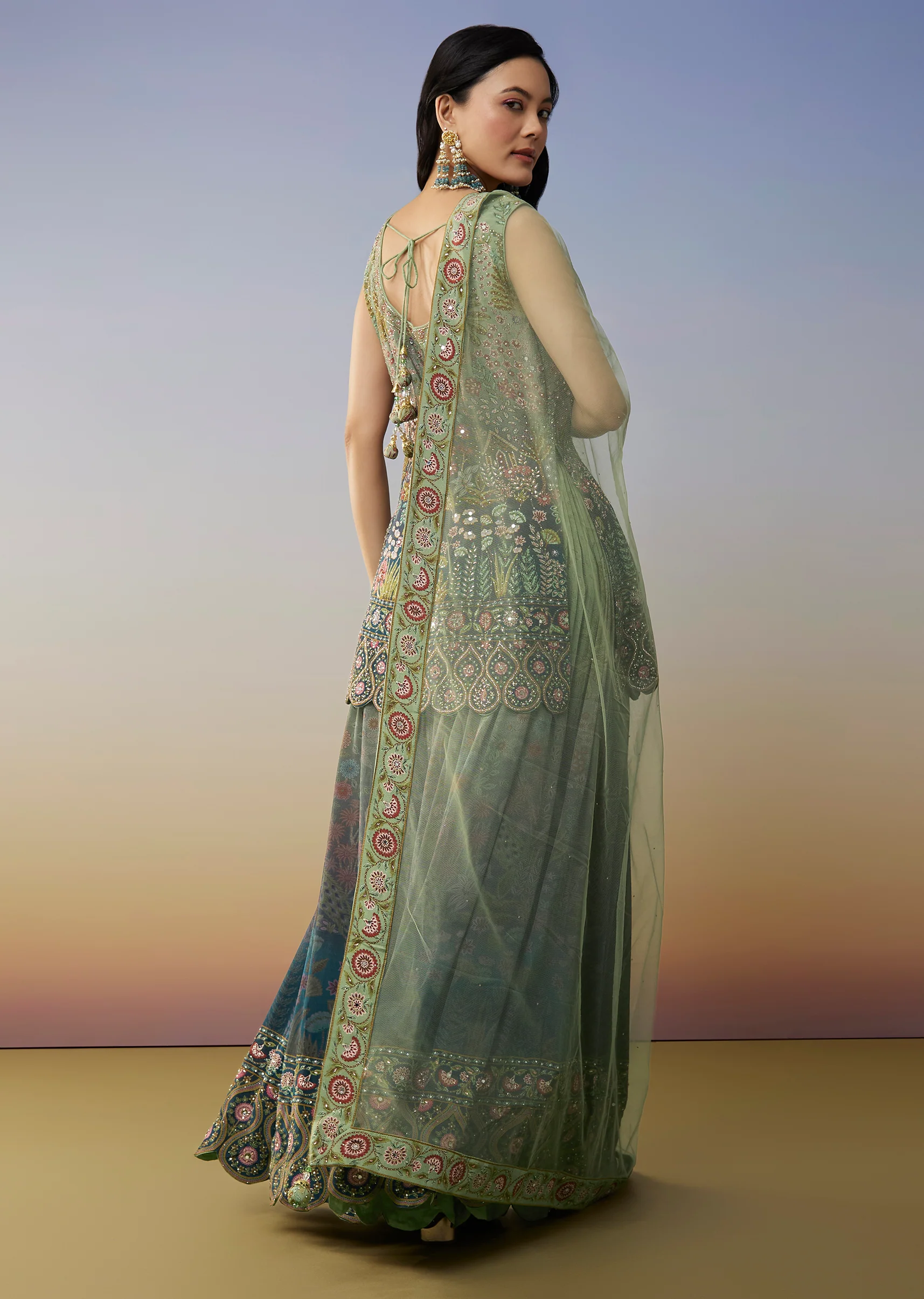Blue Crepe Palazzo Suits with Ombre Printed Mirror Work - Image 5
