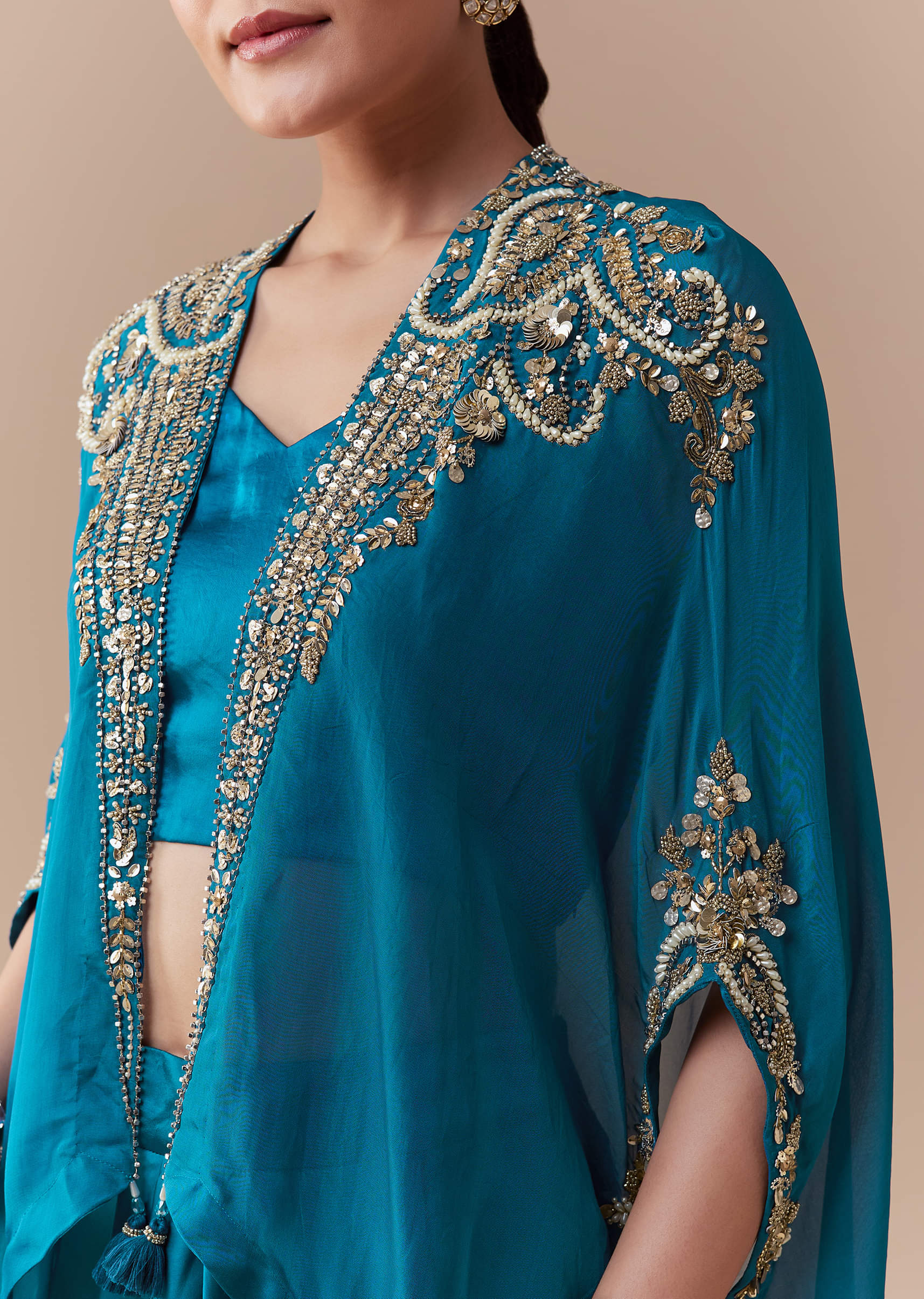 Blue Crop Top Skirt Set with Sequin Cape - Image 2