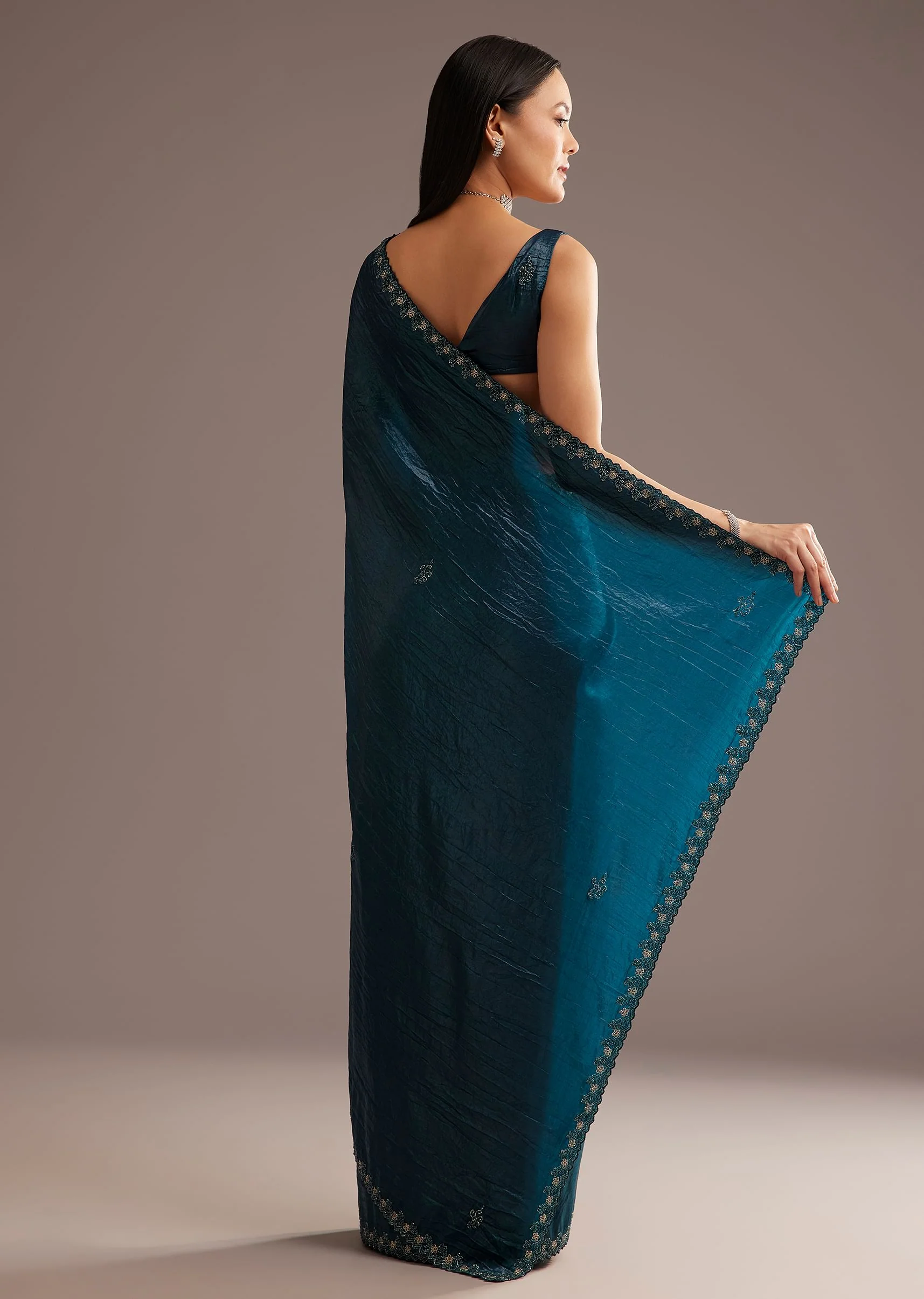 Blue Crushed Tissue Silk Saree With Cutdana Scallop Border - Image 4