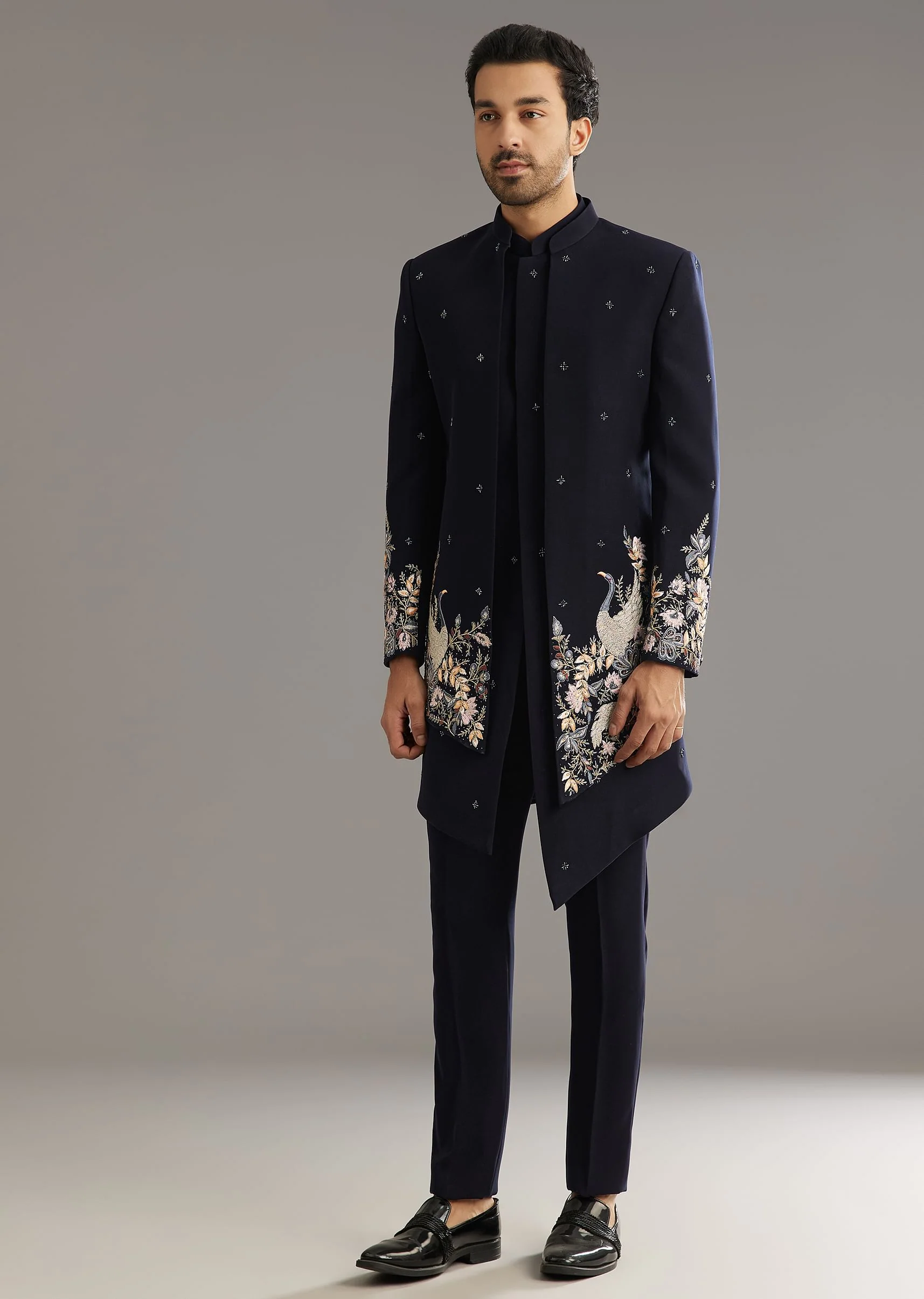 Blue Cutdana Embroidered Indo Western Set With Bird And Floral Motif