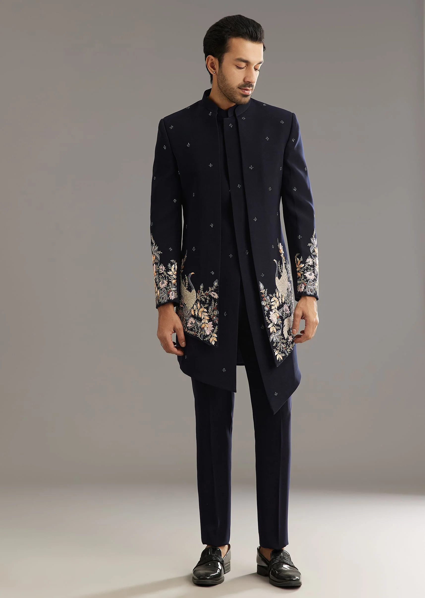 Blue Cutdana Embroidered Indo Western Set With Bird And Floral Motif - Image 3