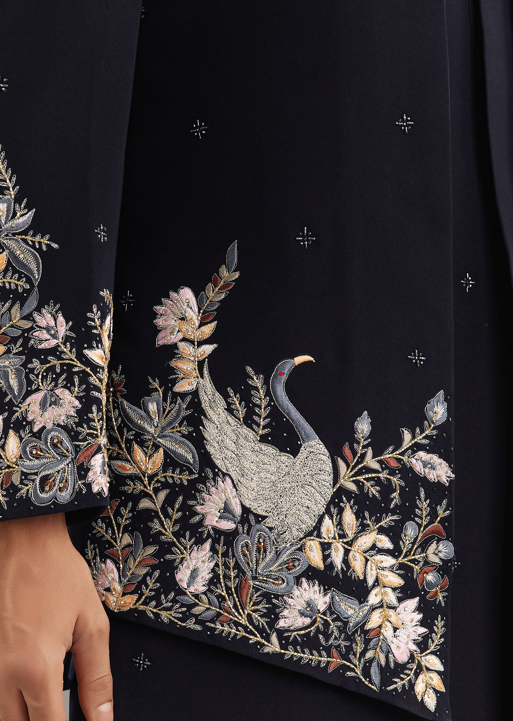 Blue Cutdana Embroidered Indo Western Set With Bird And Floral Motif - Image 4