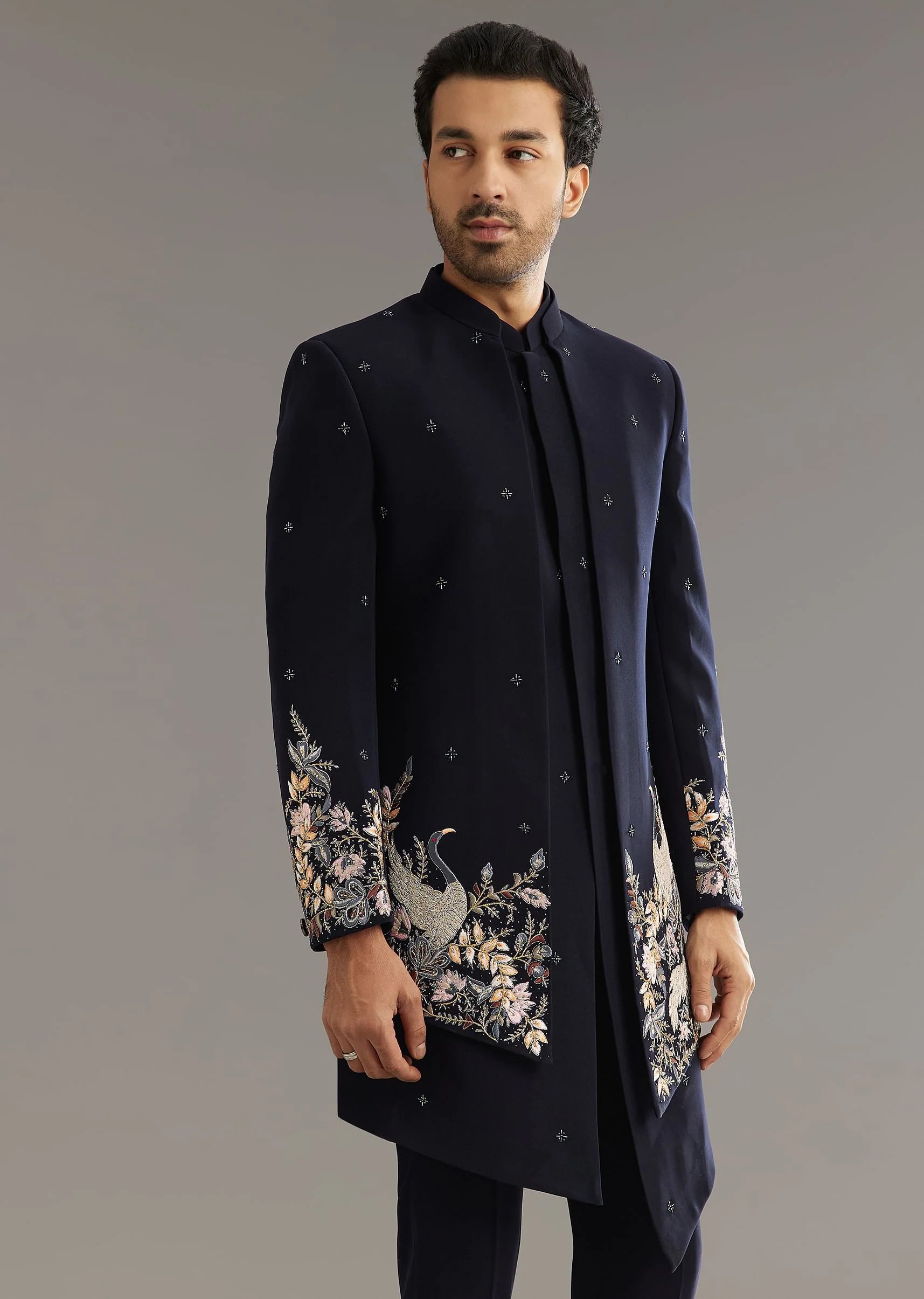 Blue Cutdana Embroidered Indo Western Set With Bird And Floral Motif - Image 5