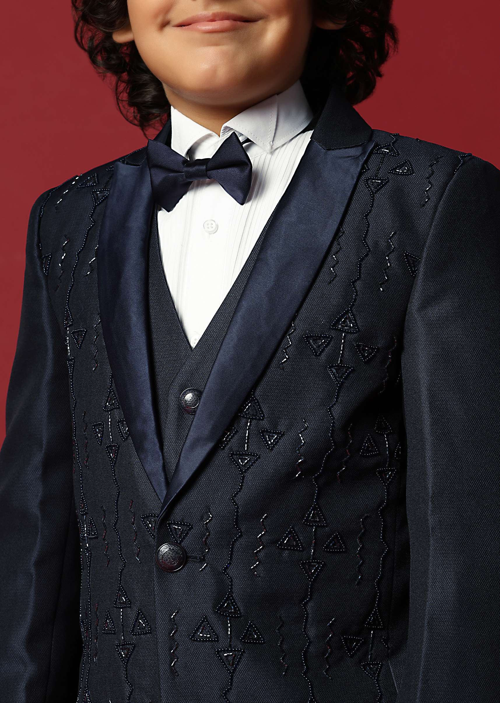 Blue Cutwork Embroidery Festive Tuxedo For Boys - Image 2