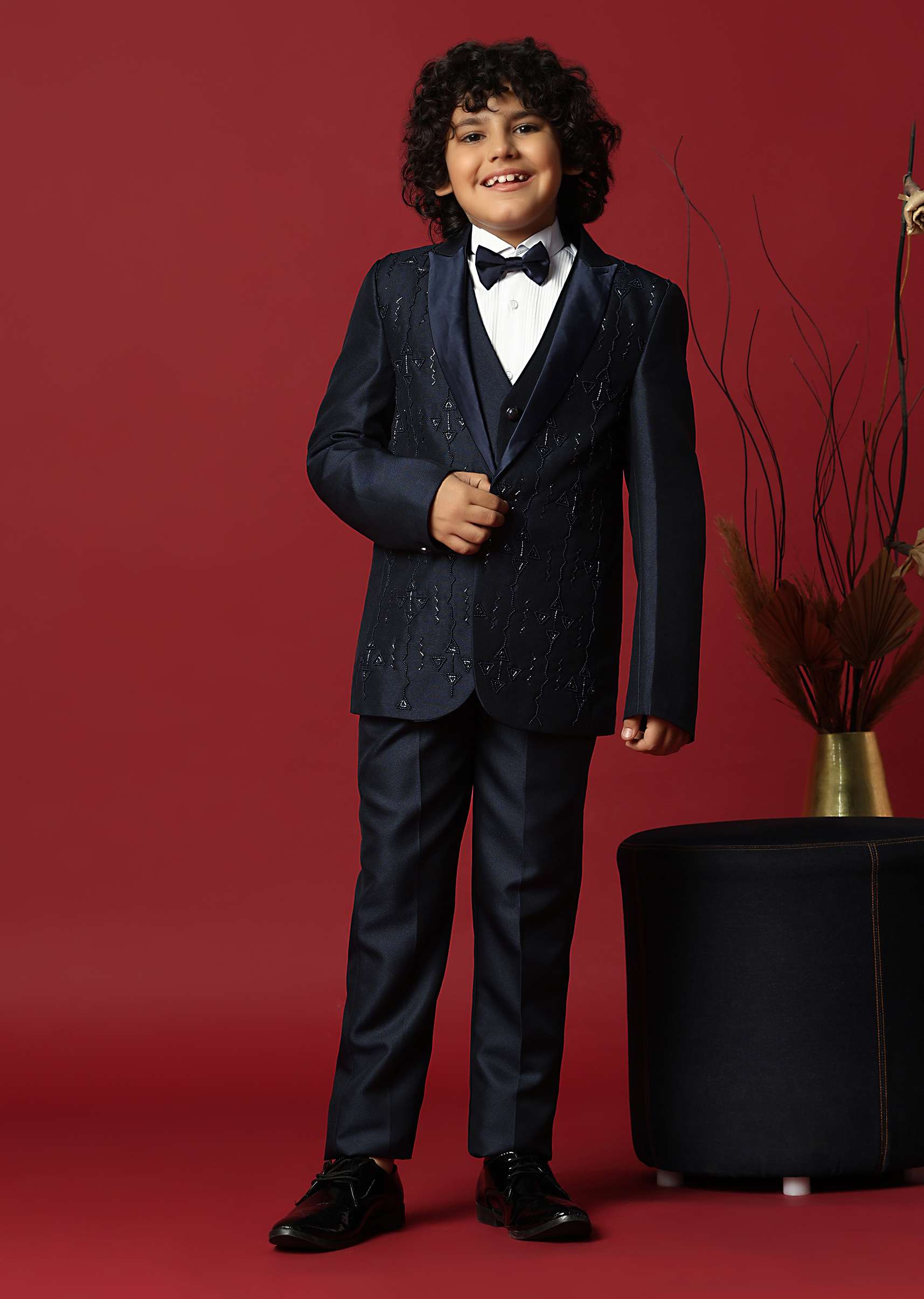 Blue Cutwork Embroidery Festive Tuxedo For Boys - Image 3