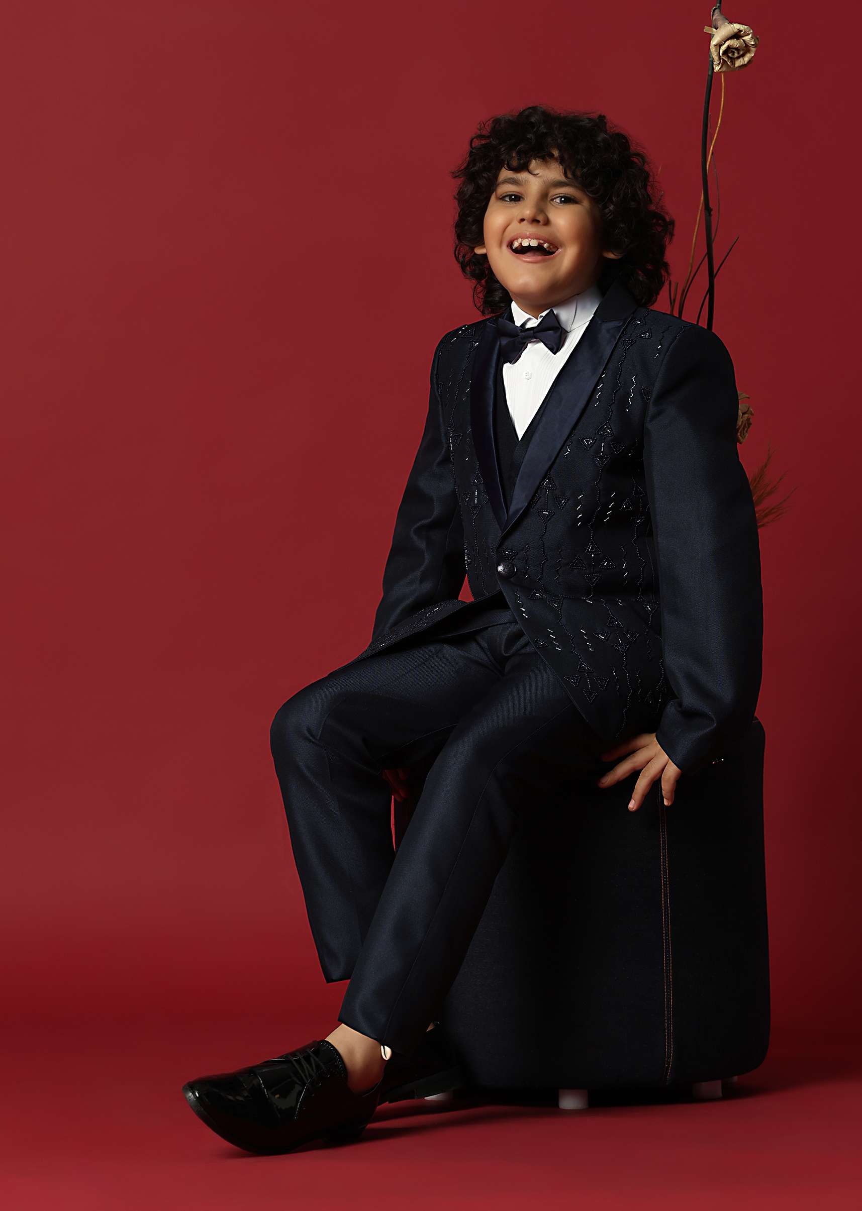 Blue Cutwork Embroidery Festive Tuxedo For Boys - Image 4