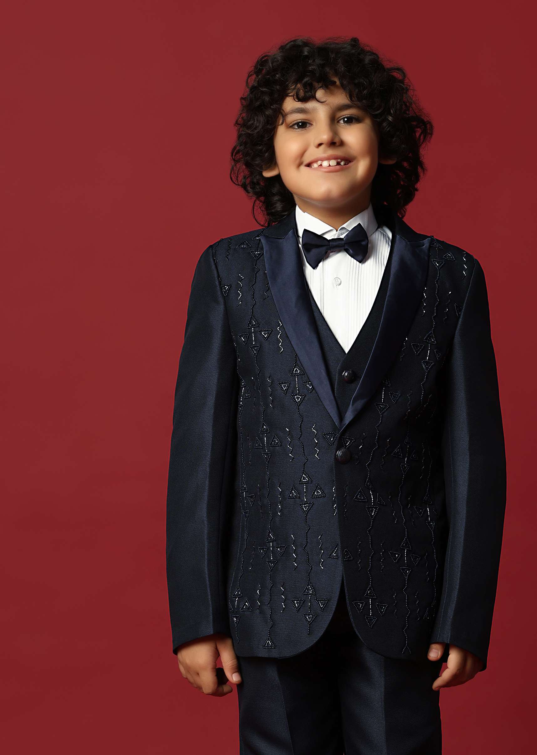 Blue Cutwork Embroidery Festive Tuxedo For Boys - Image 5