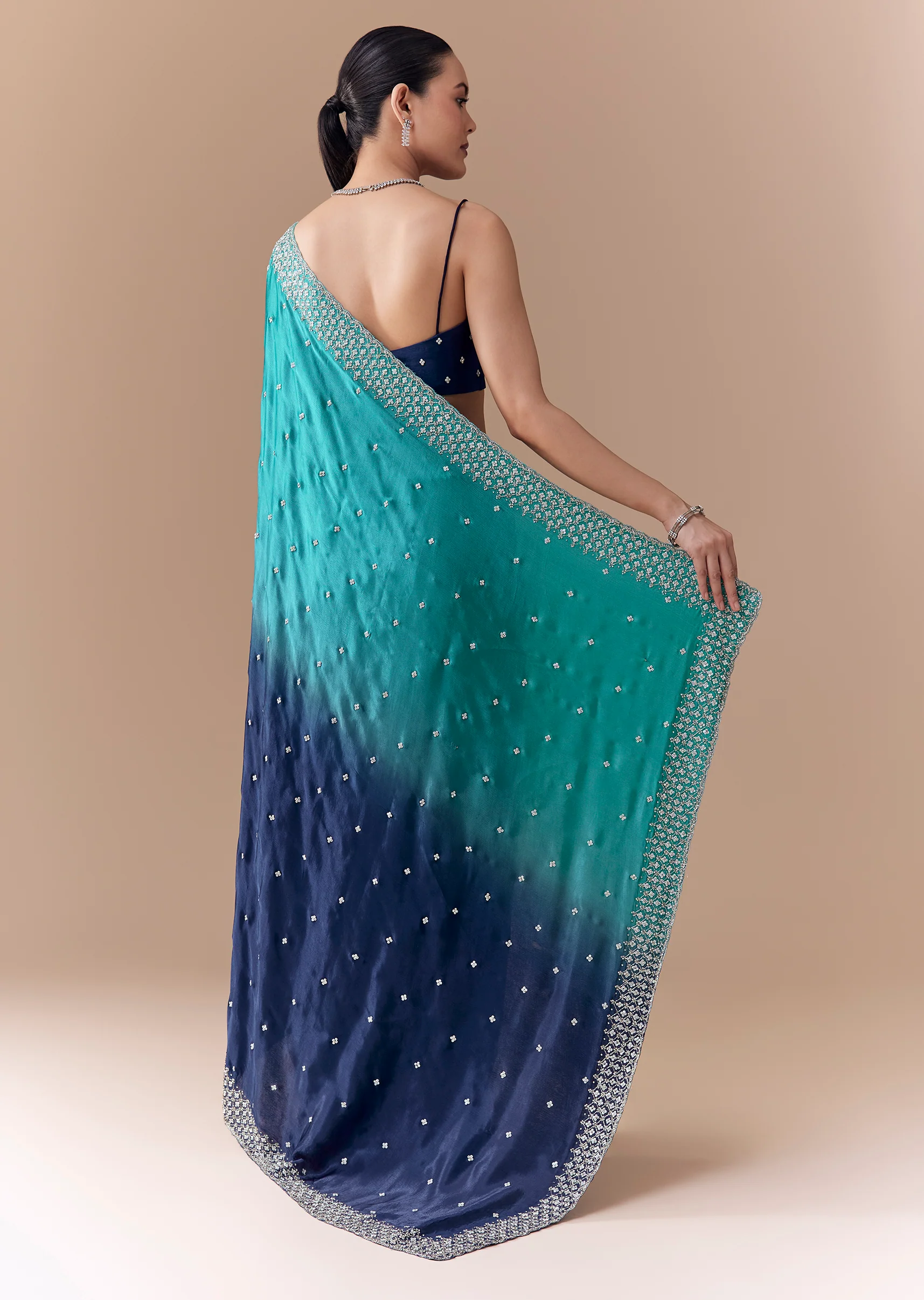Blue Dual Shaded Embellished Saree with Blouse Fabric - Image 4