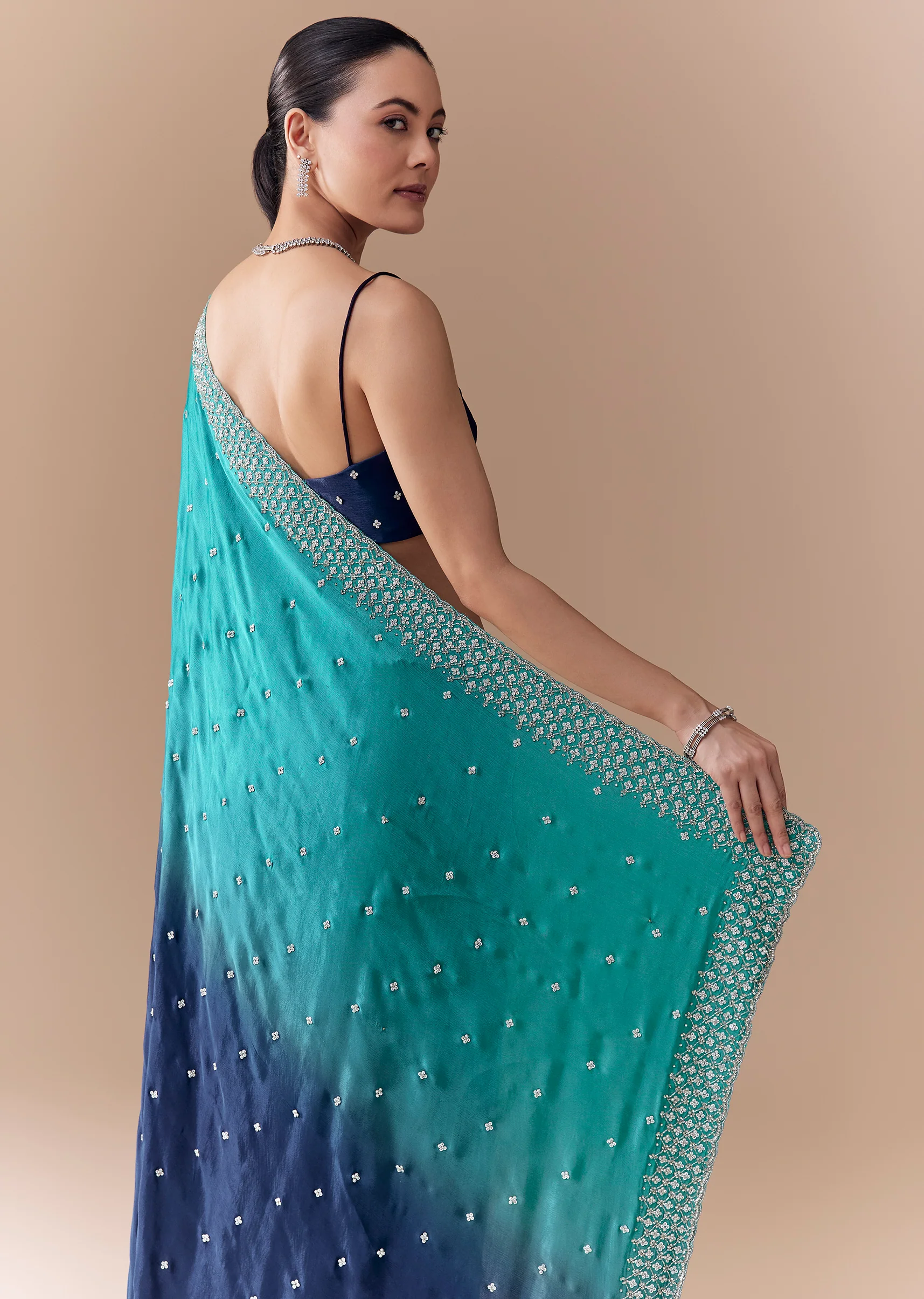 Blue Dual Shaded Embellished Saree with Blouse Fabric - Image 6