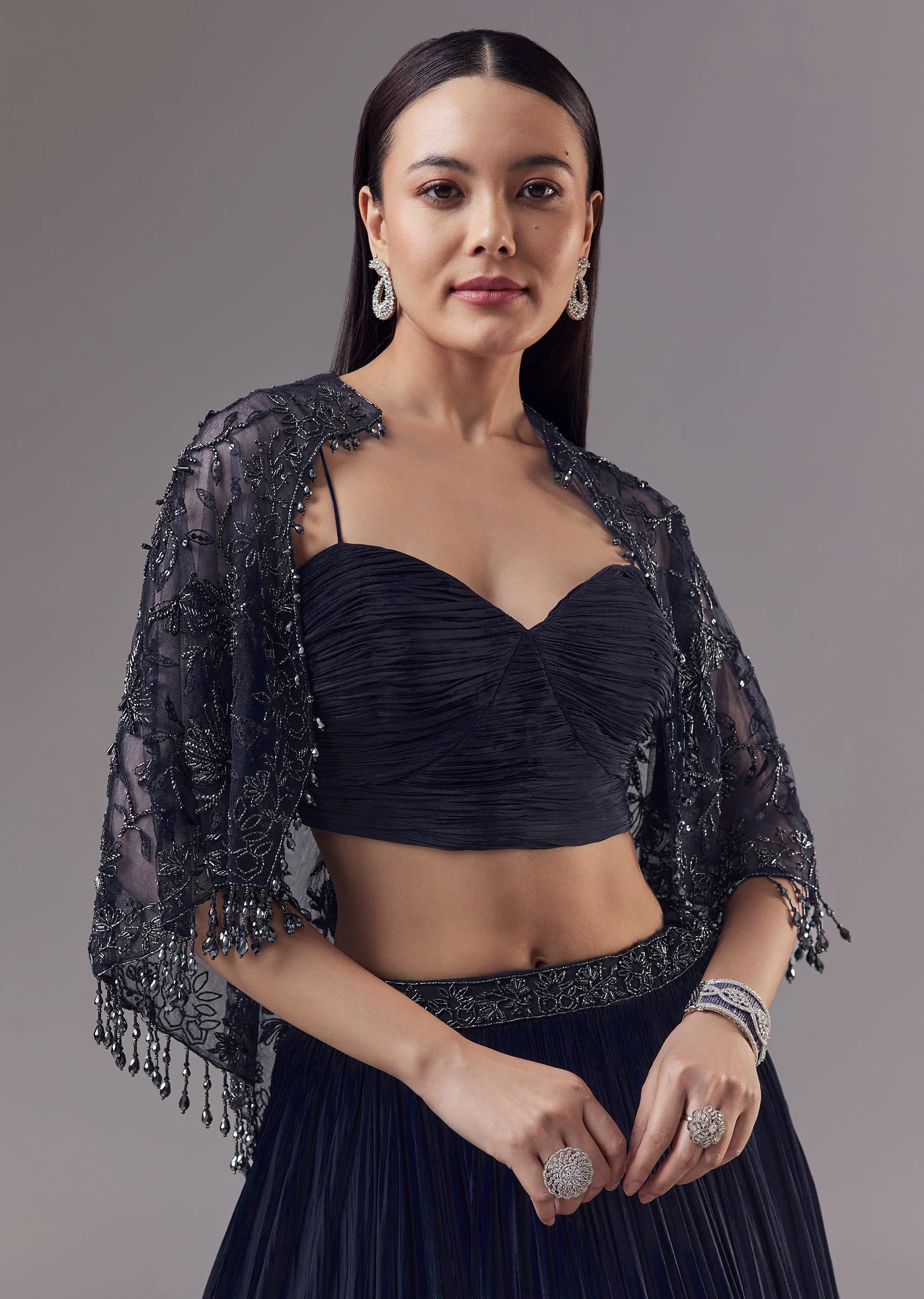 Blue Embellished Cape and Lehenga Set - Image 3