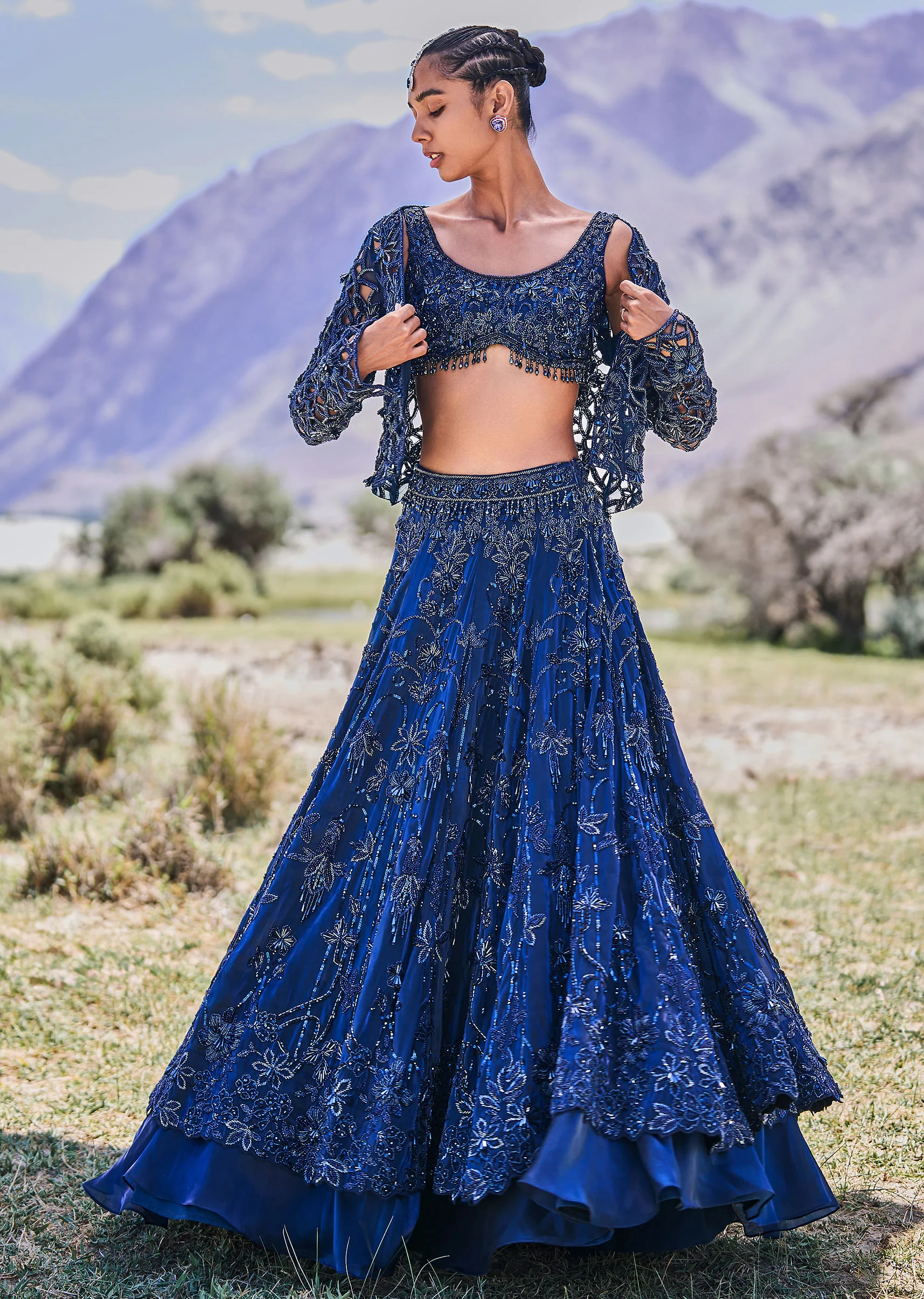 Blue Embroidered 10 Kali Lehenga With Blouse And Jacket - Image 3