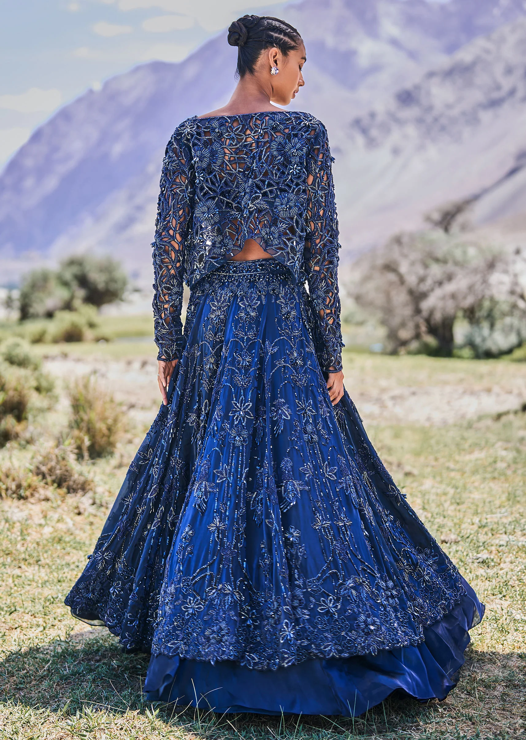 Blue Embroidered 10 Kali Lehenga With Blouse And Jacket - Image 6