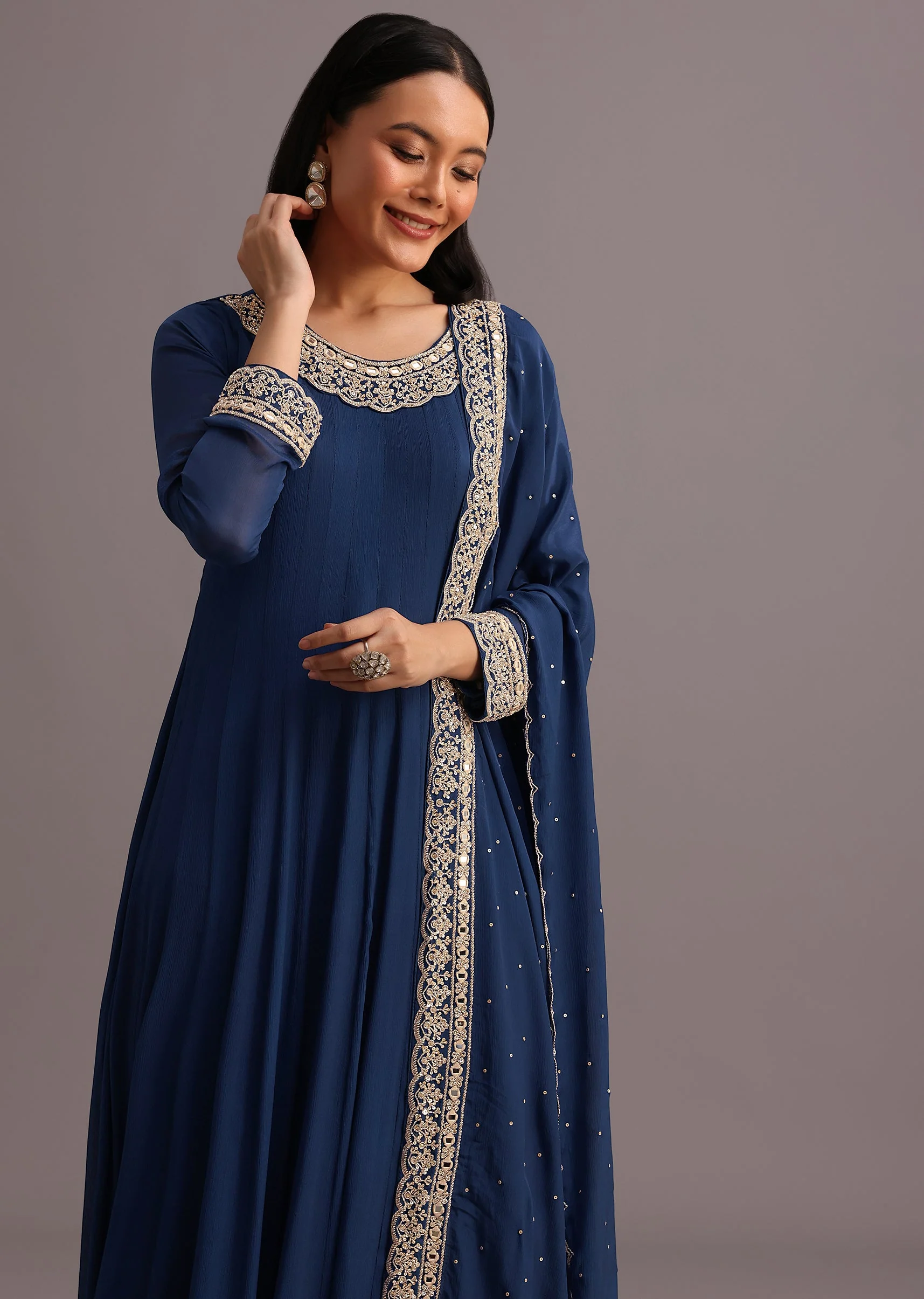 Blue Embroidered Anarkali Suit With Dupatta - Image 4