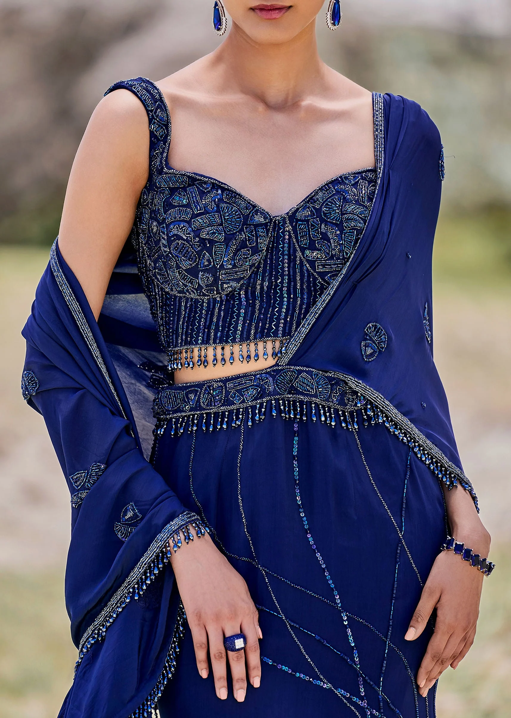 Blue Embroidered Asymmetric Fishcut Crepe Skirt With Blouse And Pallu - Image 3