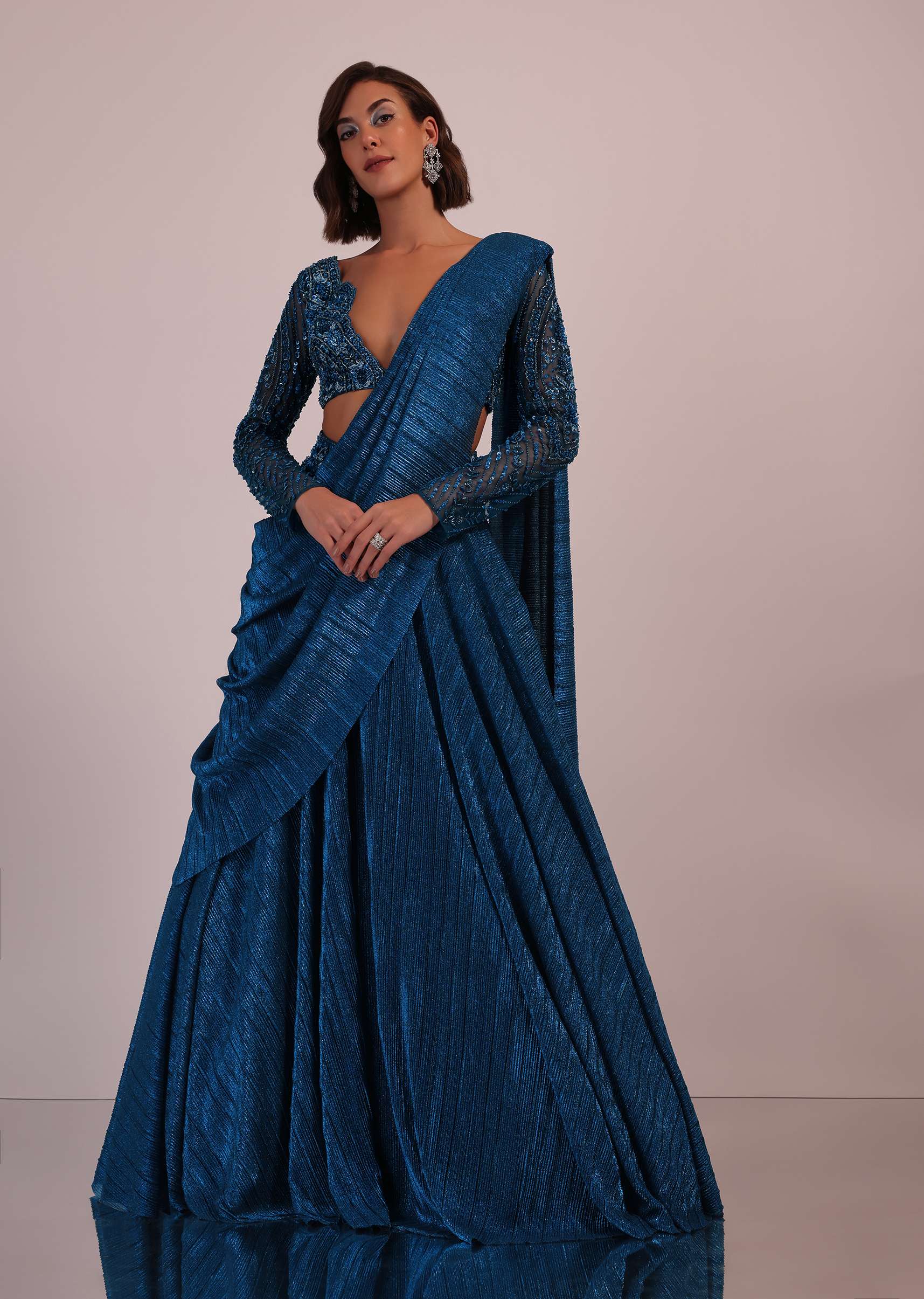 Blue Embroidered Bridesmaid Drape Saree And Blouse Set In Crushed Shimmer - Image 11