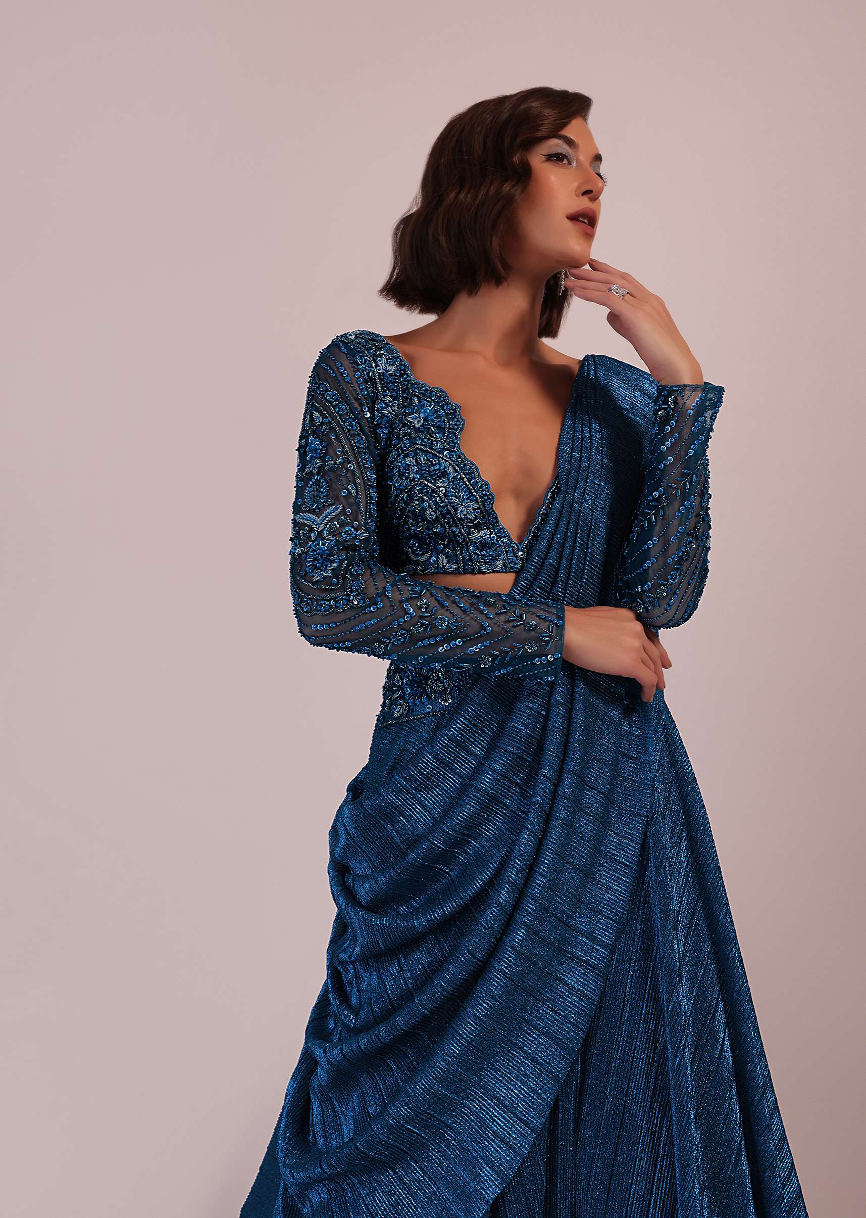 Blue Embroidered Bridesmaid Drape Saree And Blouse Set In Crushed Shimmer - Image 7