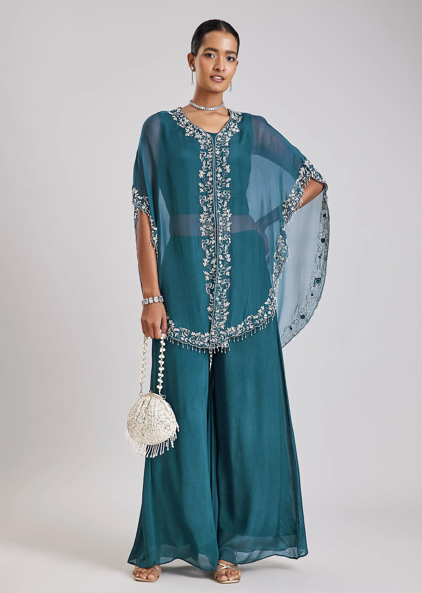 Blue Embroidered Cape Style Top Palazzo Set
