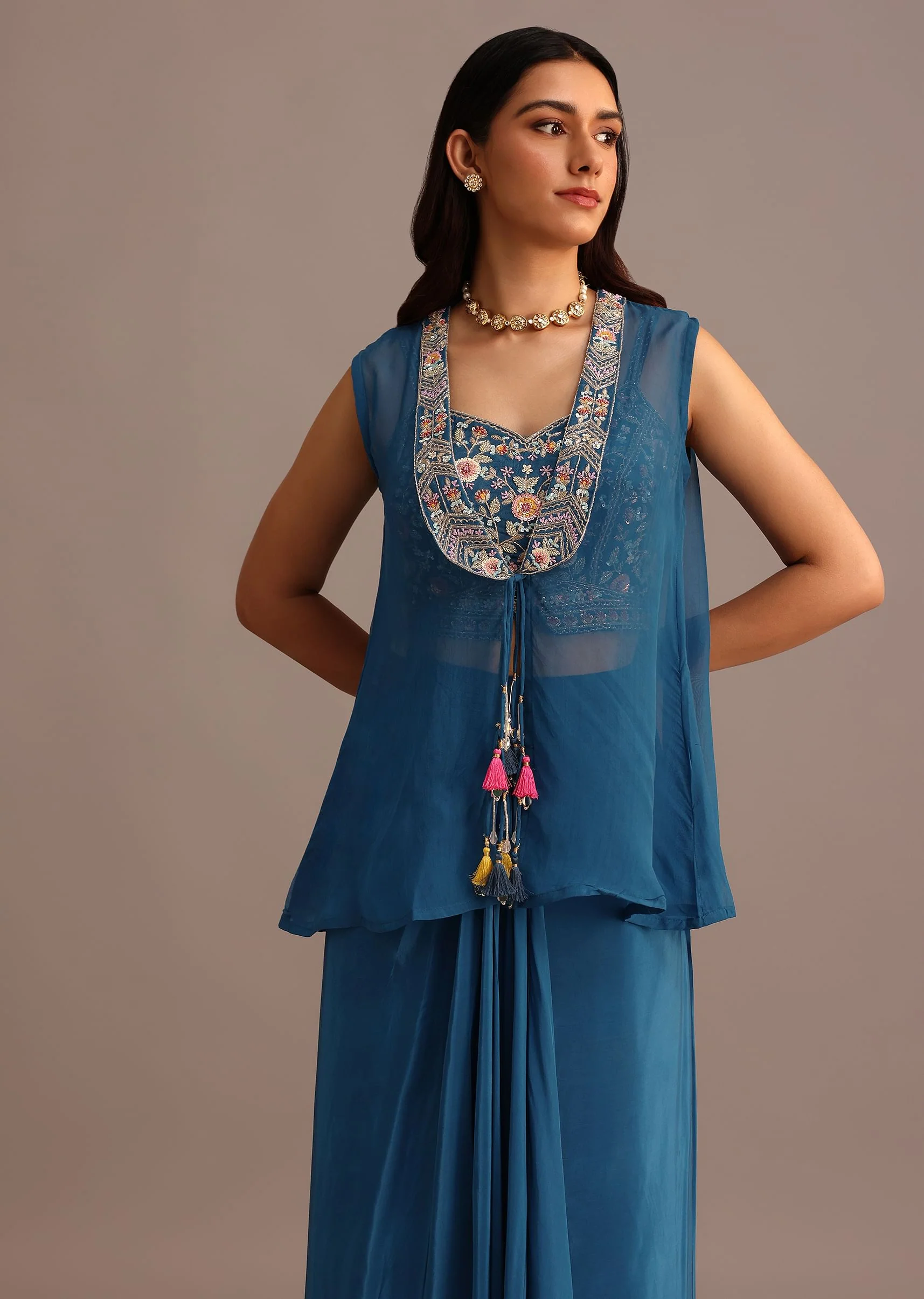 Blue Embroidered Croptop With Drape Skirt And Organza Jacket - Image 4