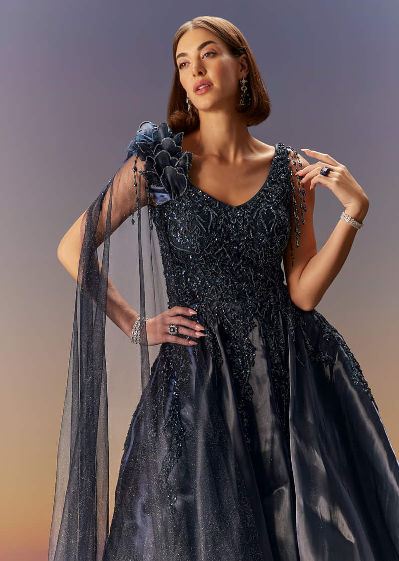 Blue Embroidered Gown With Asymmetric Shoulder Cape - Image 5