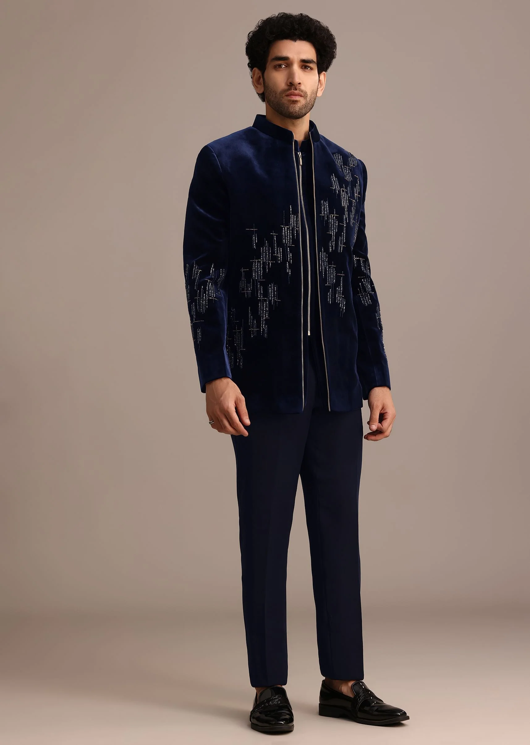 Blue Embroidered Indo Western Set in Velvet - Image 2