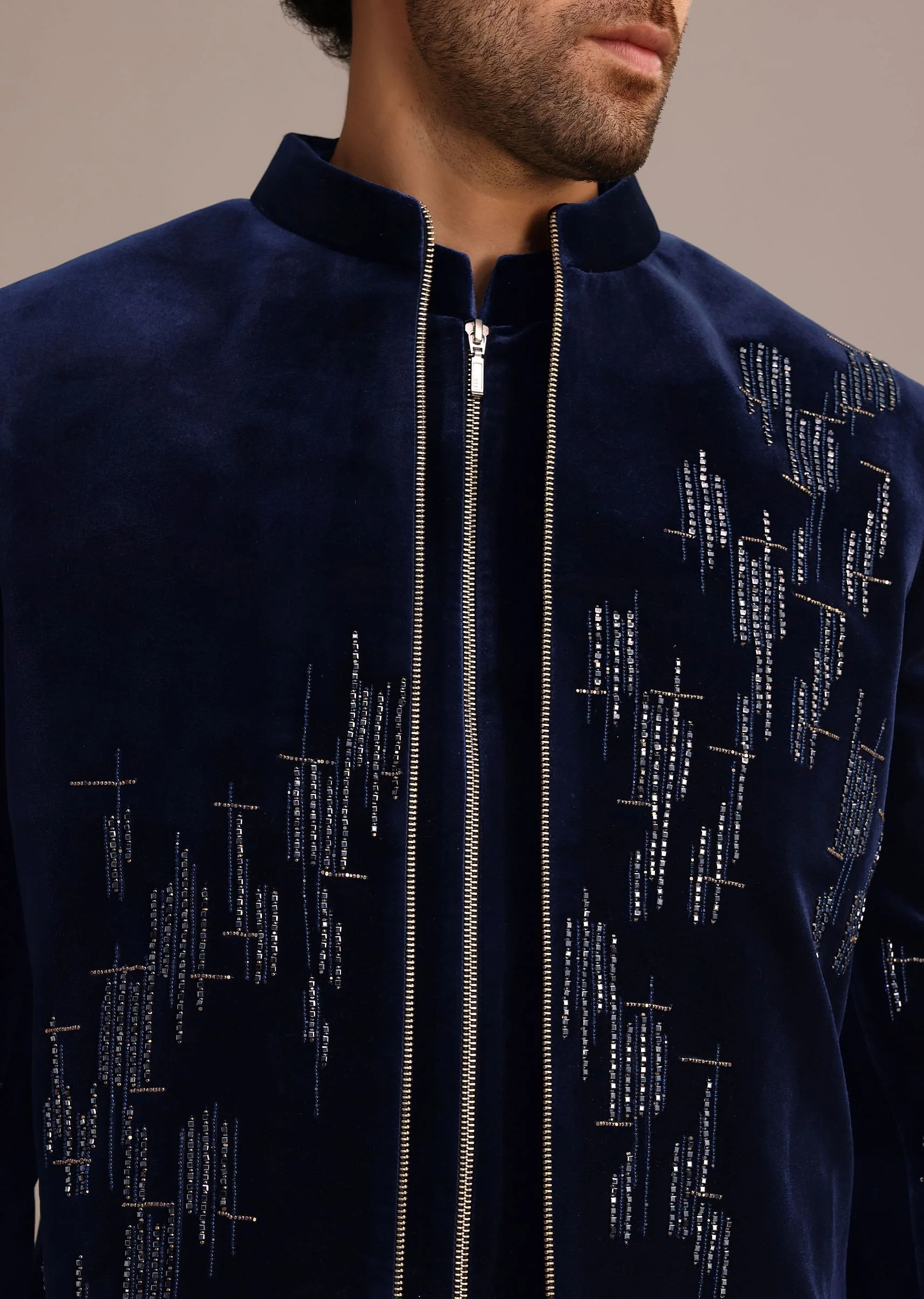 Blue Embroidered Indo Western Set in Velvet - Image 3
