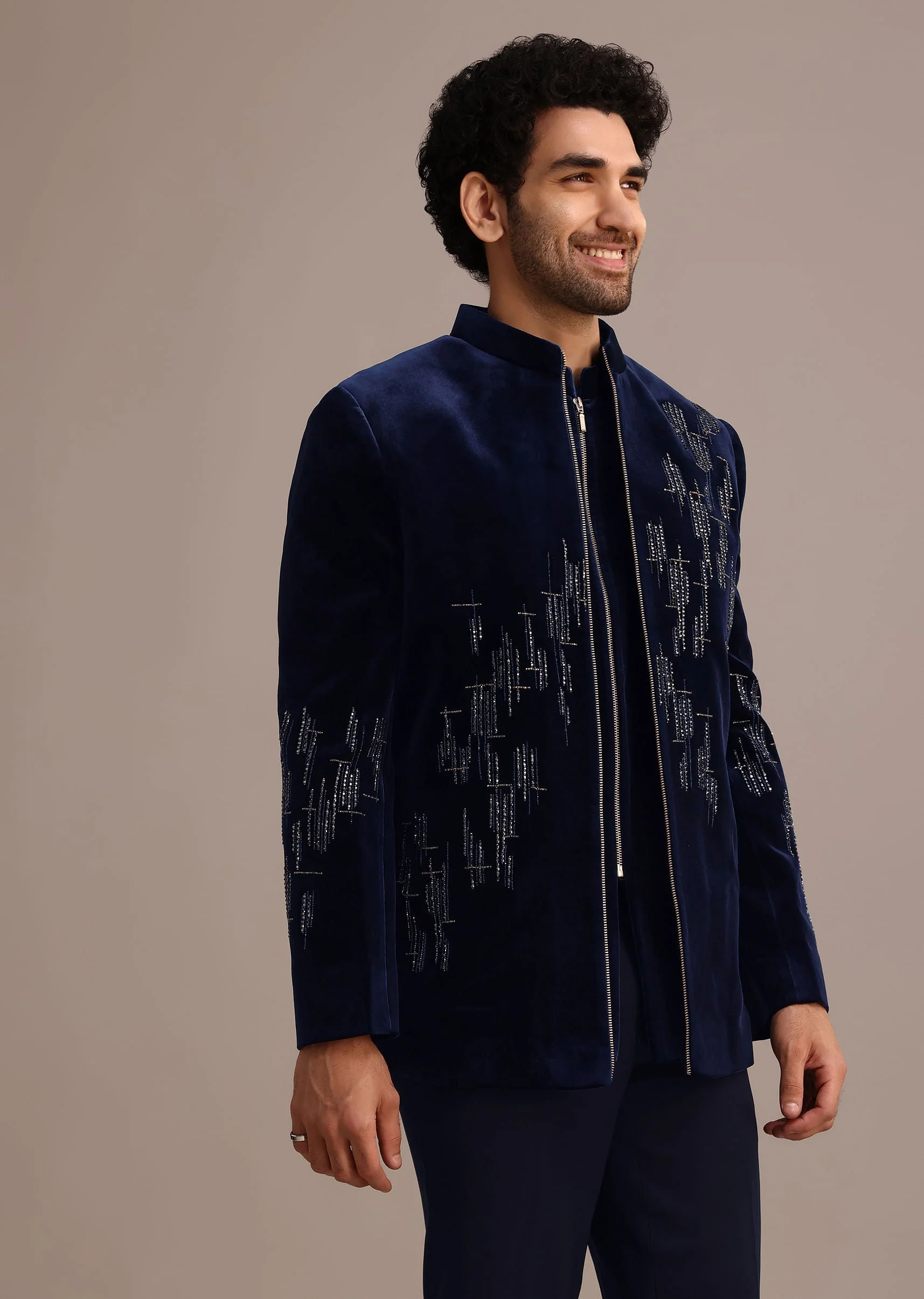 Blue Embroidered Indo Western Set in Velvet - Image 4