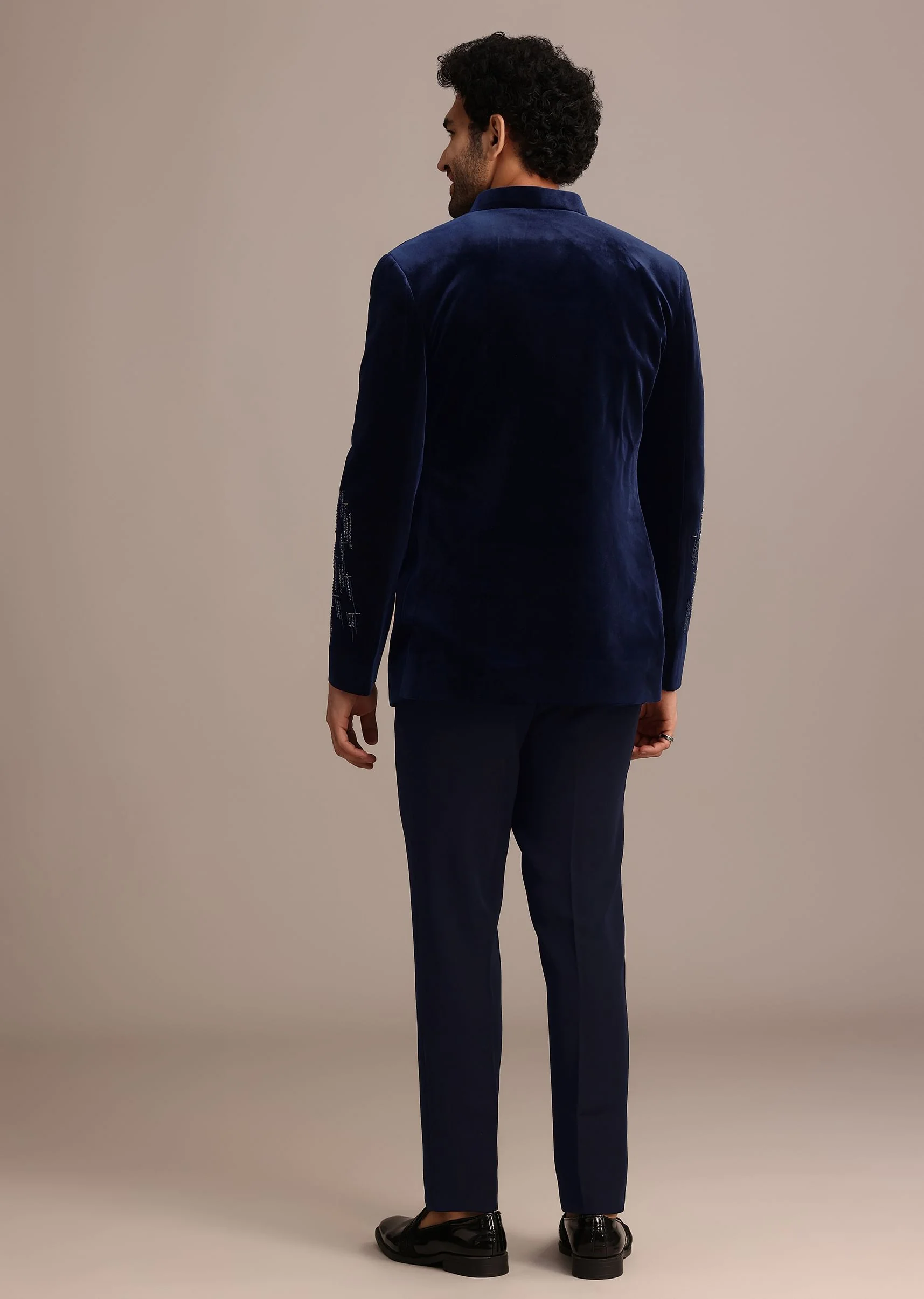 Blue Embroidered Indo Western Set in Velvet - Image 5