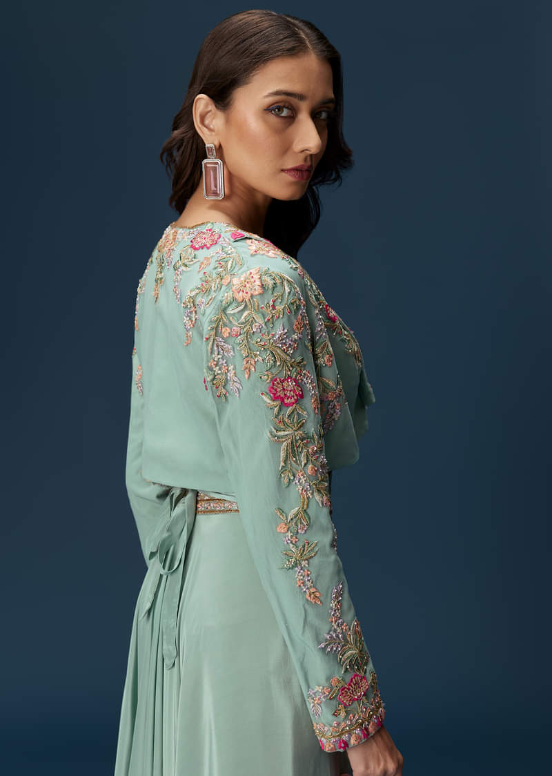 Blue Embroidered Palazzo Set With Coordinated Jacket And Blouse - Image 3