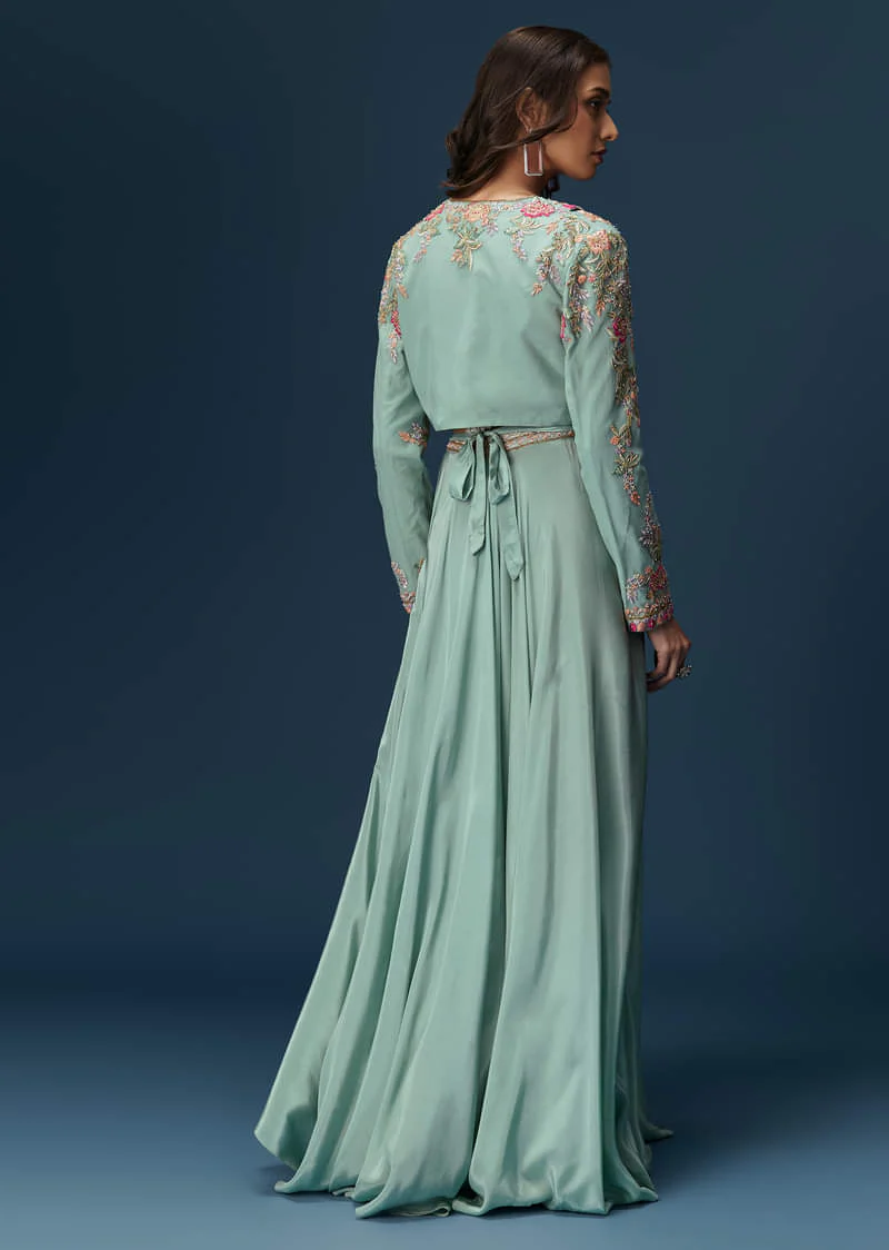 Blue Embroidered Palazzo Set With Coordinated Jacket And Blouse - Image 4