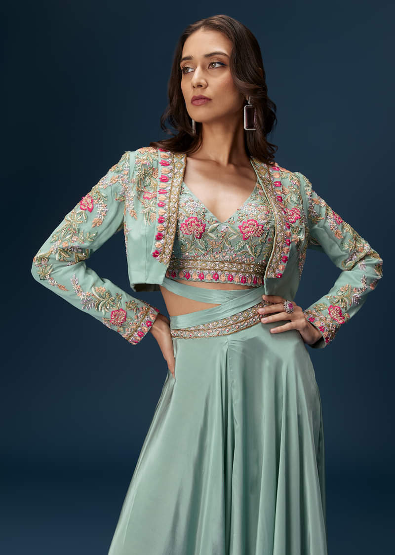 Blue Embroidered Palazzo Set With Coordinated Jacket And Blouse - Image 6