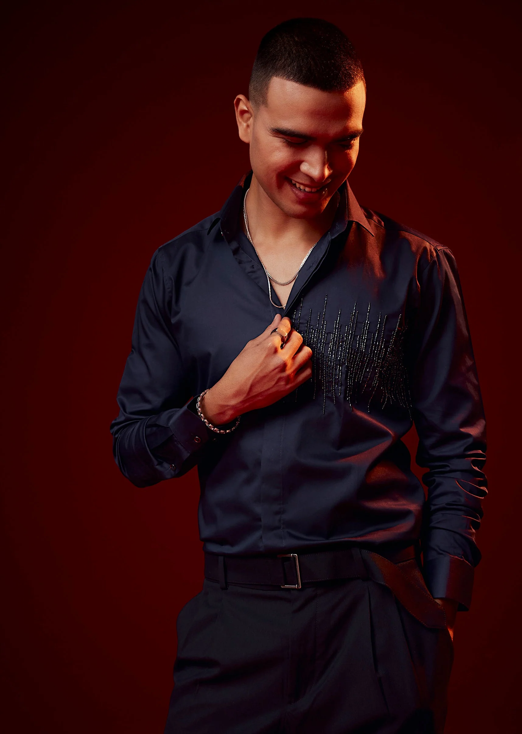 Blue Embroidered Silk Blend Party Shirt - Image 3