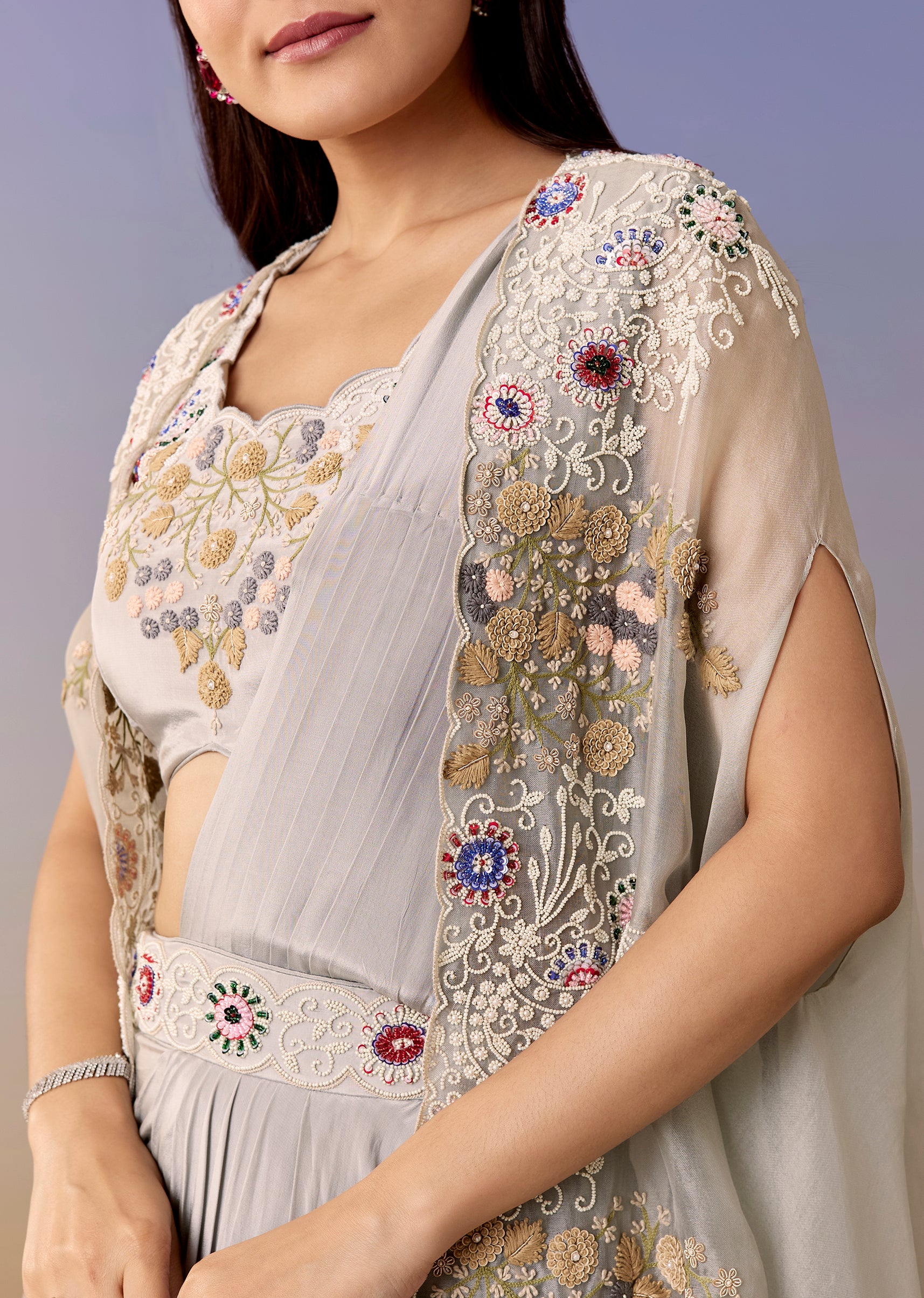 Blue Festive Duo – Cape Pre Draped Saree Set For Her And Silk Kurta Jacket Set For Him - Image 2