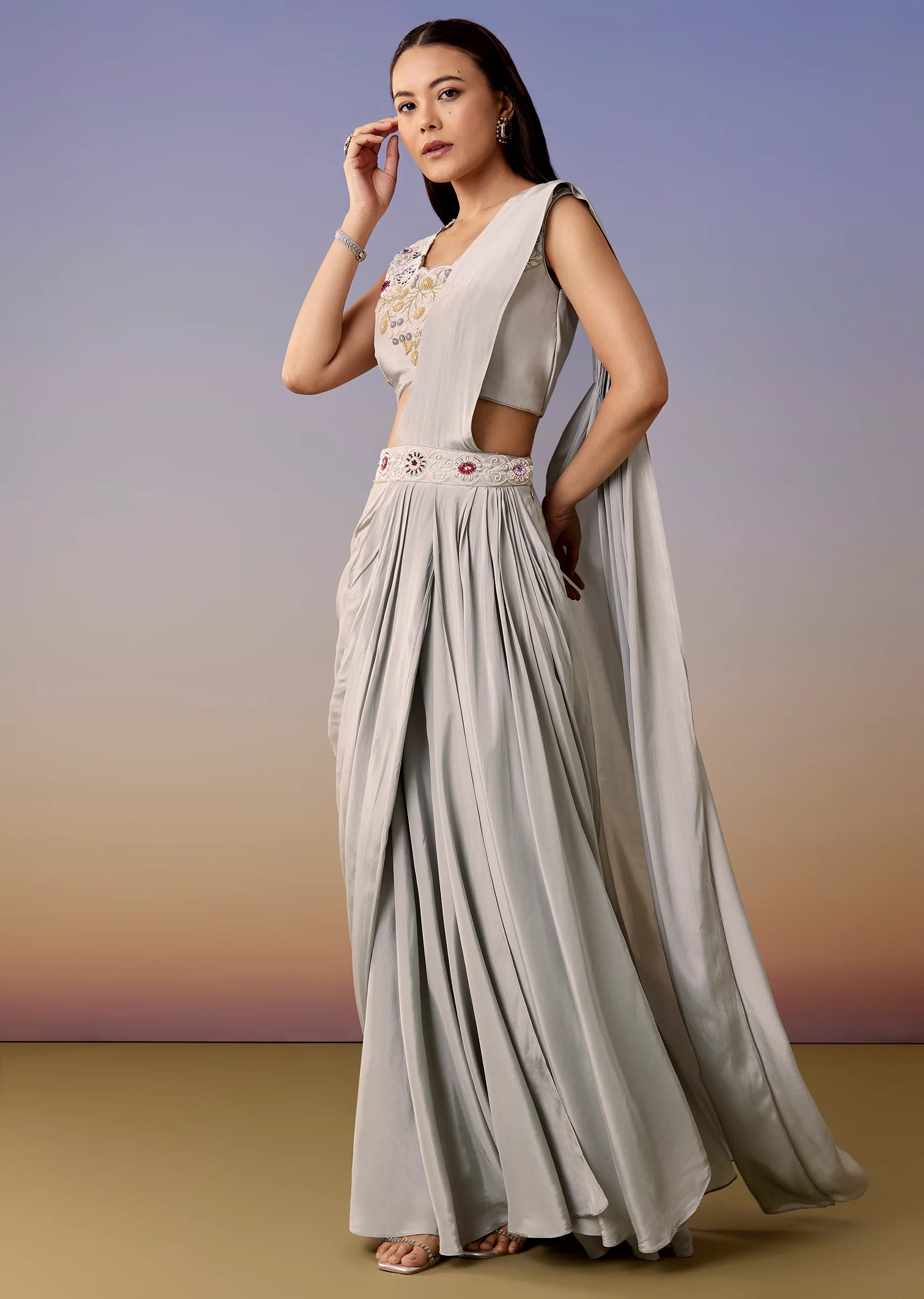 Blue Festive Duo – Cape Pre Draped Saree Set For Her And Silk Kurta Jacket Set For Him - Image 3
