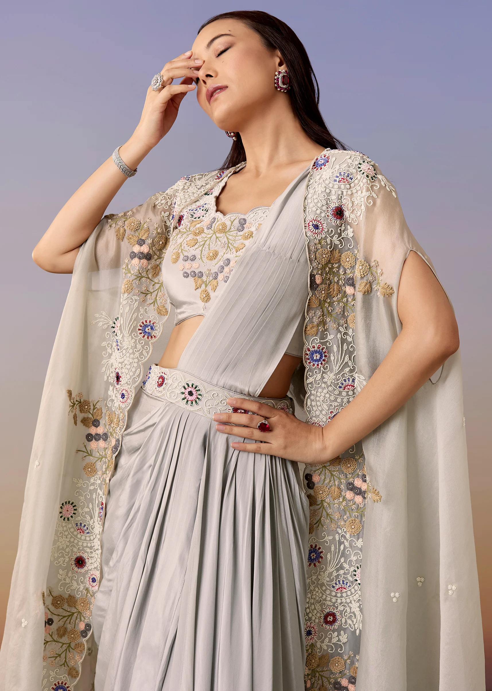 Blue Festive Duo – Cape Pre Draped Saree Set For Her And Silk Kurta Jacket Set For Him - Image 4
