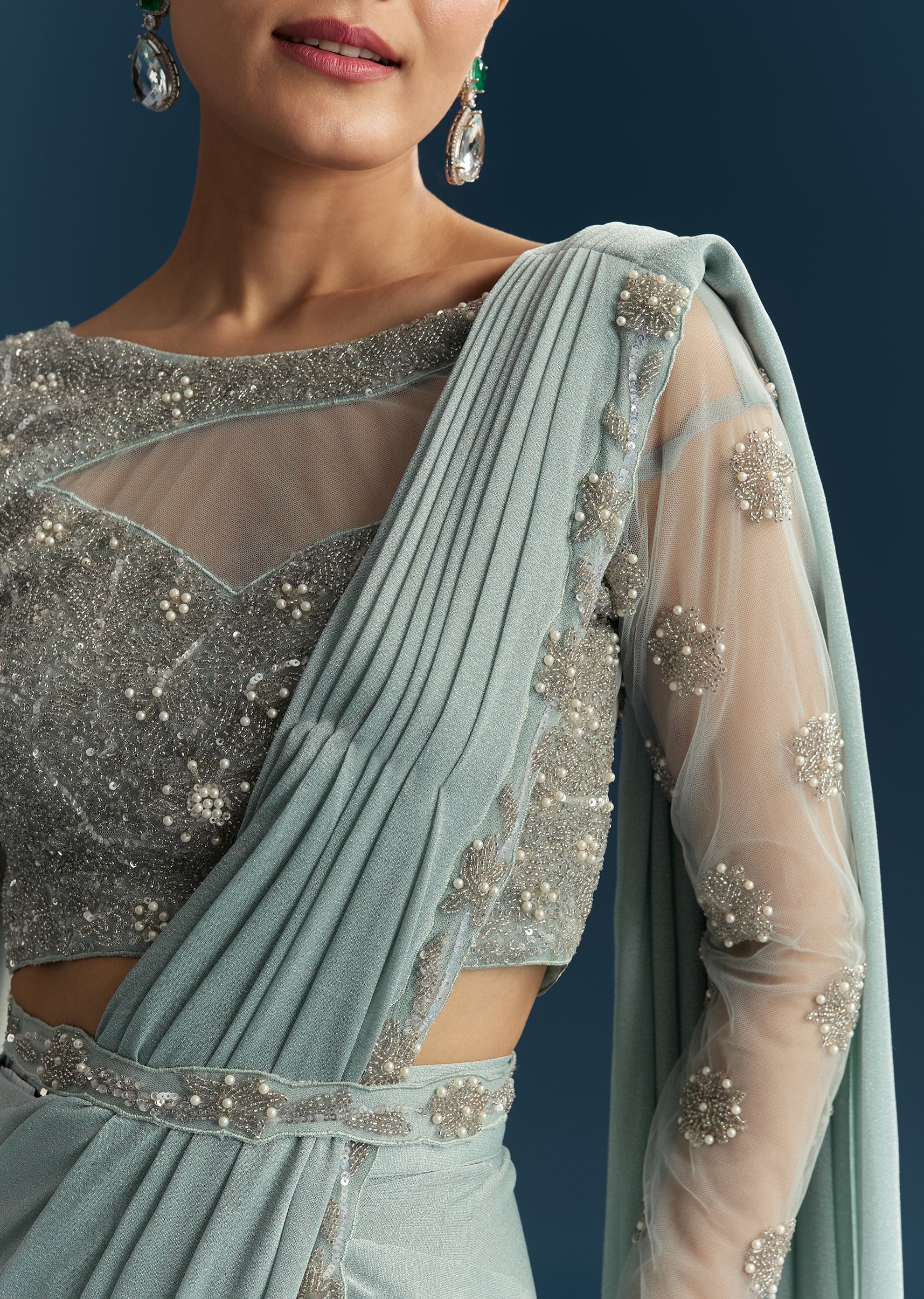 Blue Festive Pair – Ready Pleated Saree For Her And Kurta Set For Him - Image 2