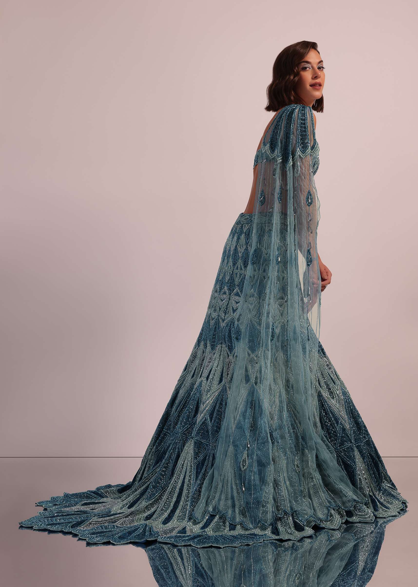 Blue Fish Cut Bridal Lehenga Set In Net With Hand Embroidery - Image 5