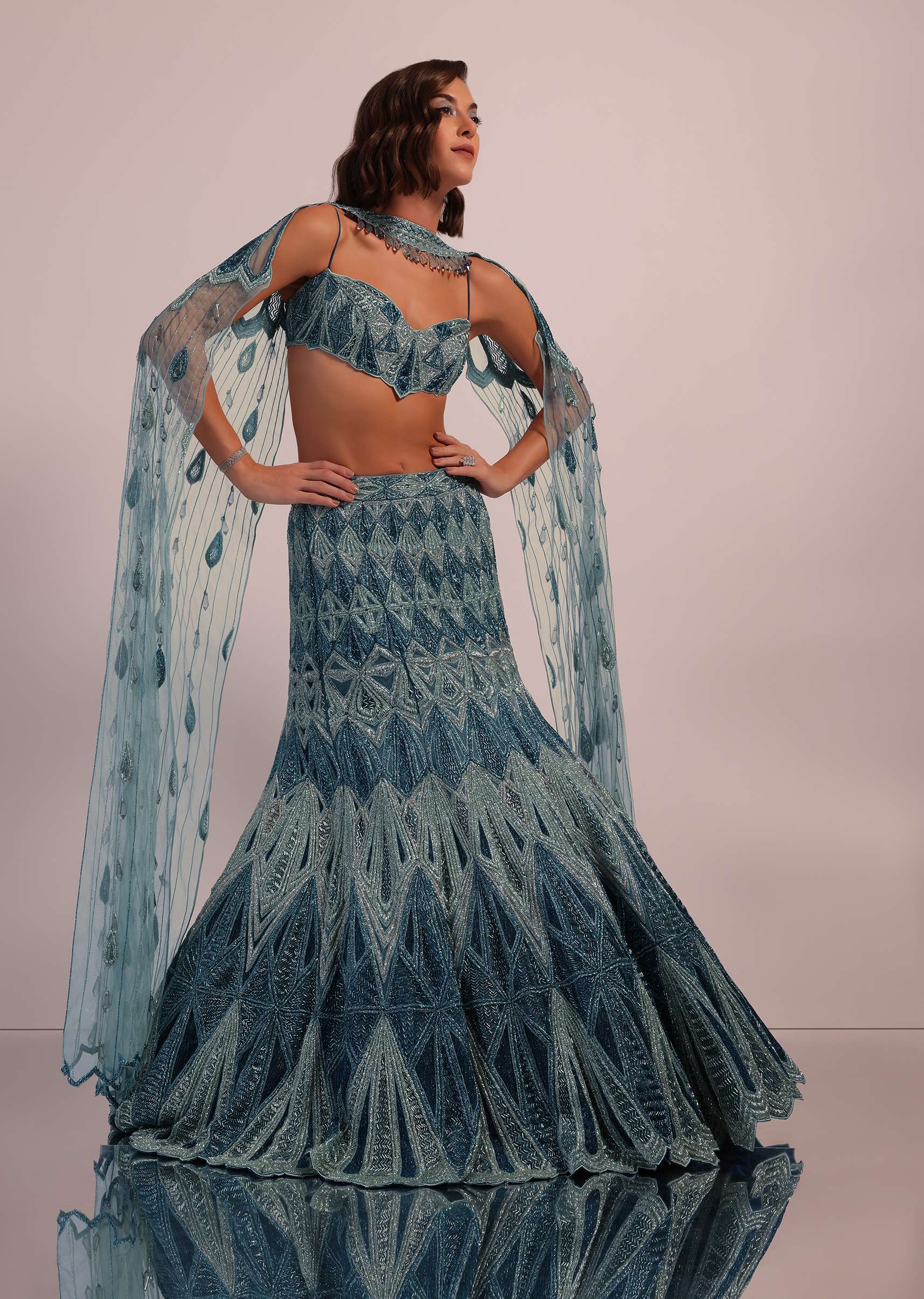 Blue Fish Cut Bridal Lehenga Set In Net With Hand Embroidery - Image 6