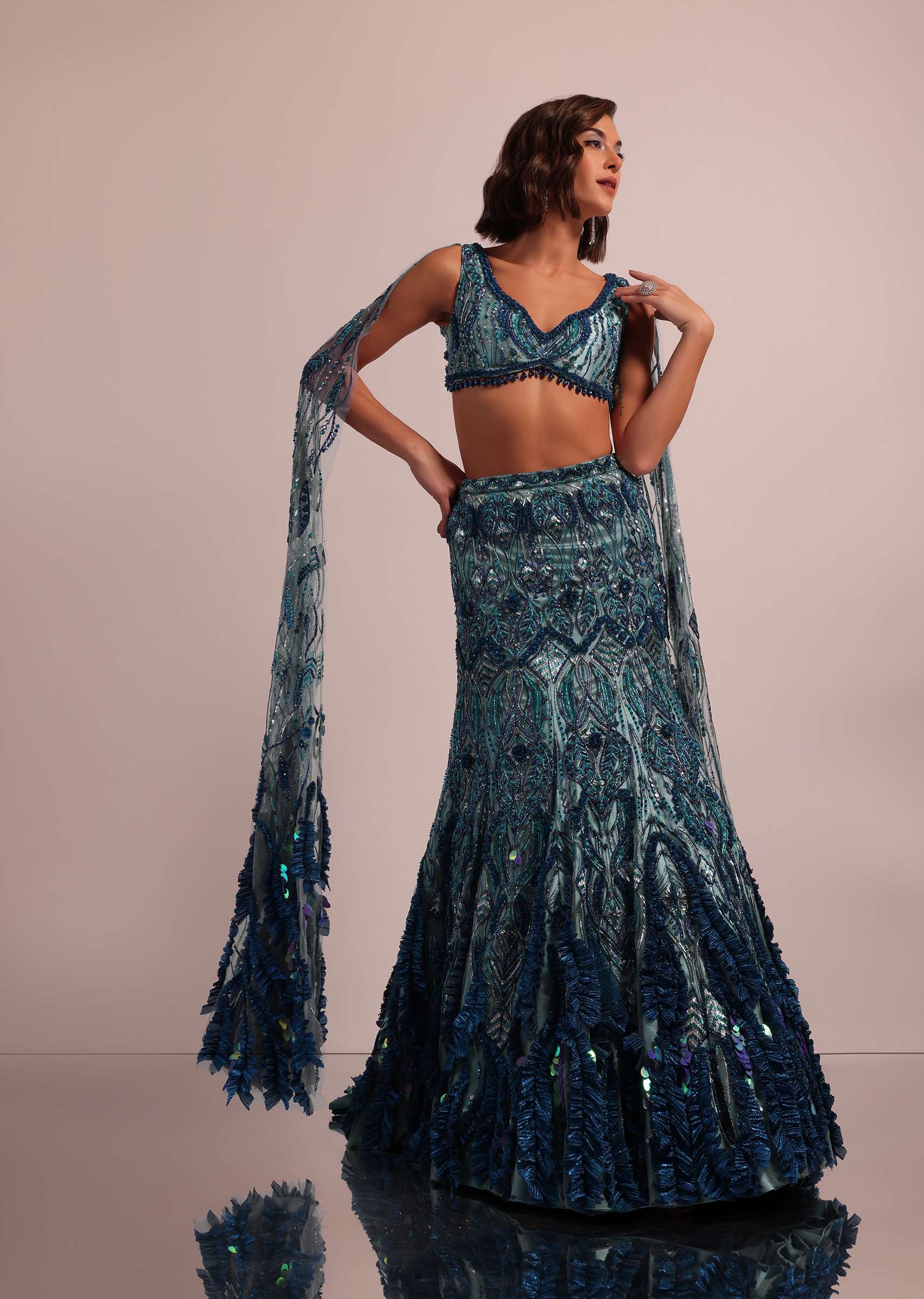 Blue Fish Cut Bridal Lehenga Set With Long Trail Sleeves And Heavy Embroidery - Image 6