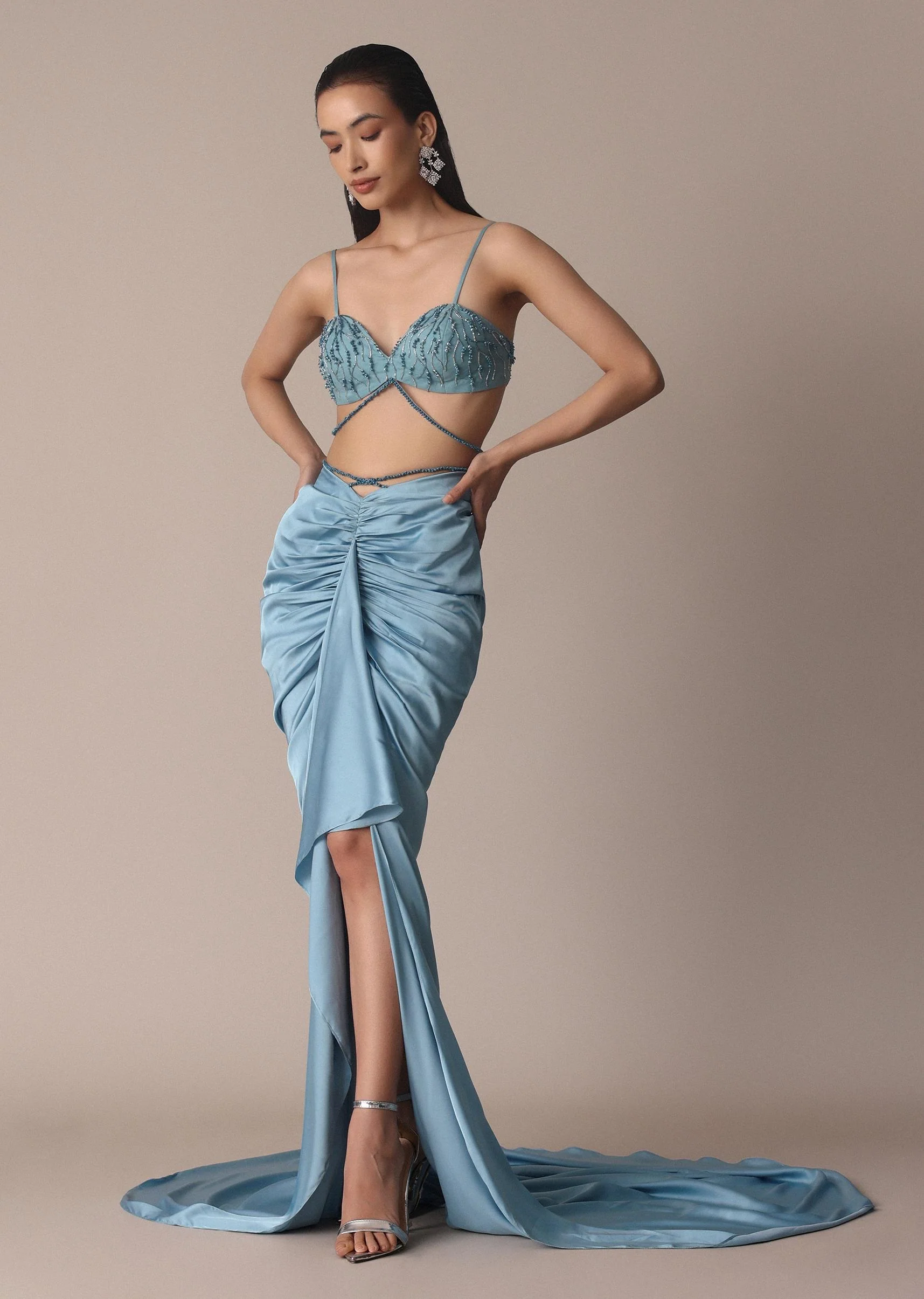 Blue Fish Cut Gathered Zardosi Draped Skirt And Tassel Jacket Set - Image 5
